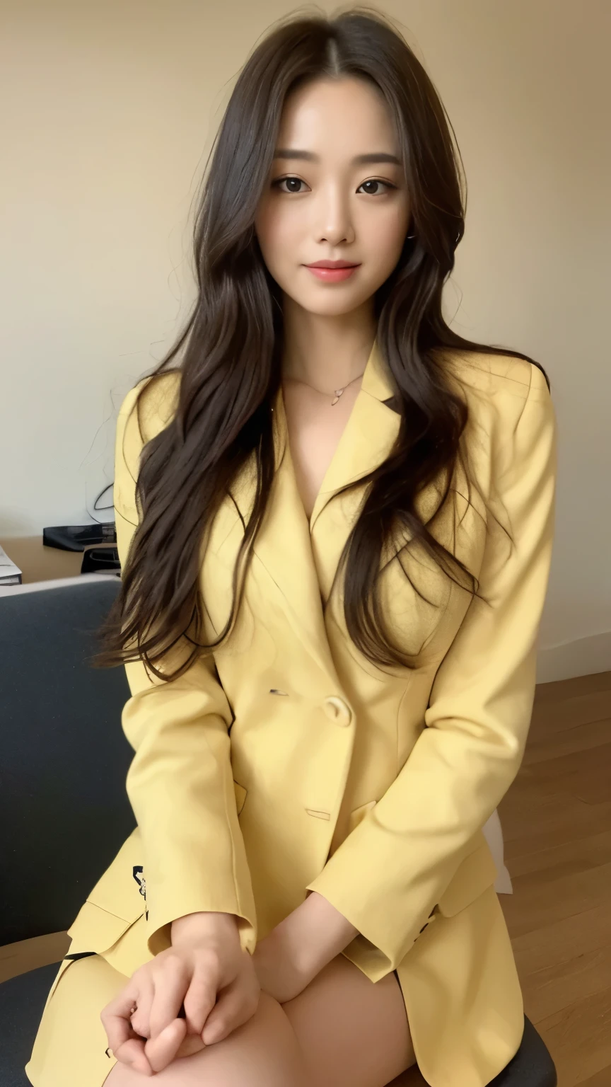 ((top-quality、8k、masterpiece:1.3))、Beautiful woman with perfect body:1.4、slim abdomen:1.2、Longhair, normal breast, Highly detailed facial and skin texture, A detailed eye, delicate eyes, double eyelid, (smile), (full body shot), ((office)), (sitting on chair), ((wearing white uniform with yellow coat)), looking in front