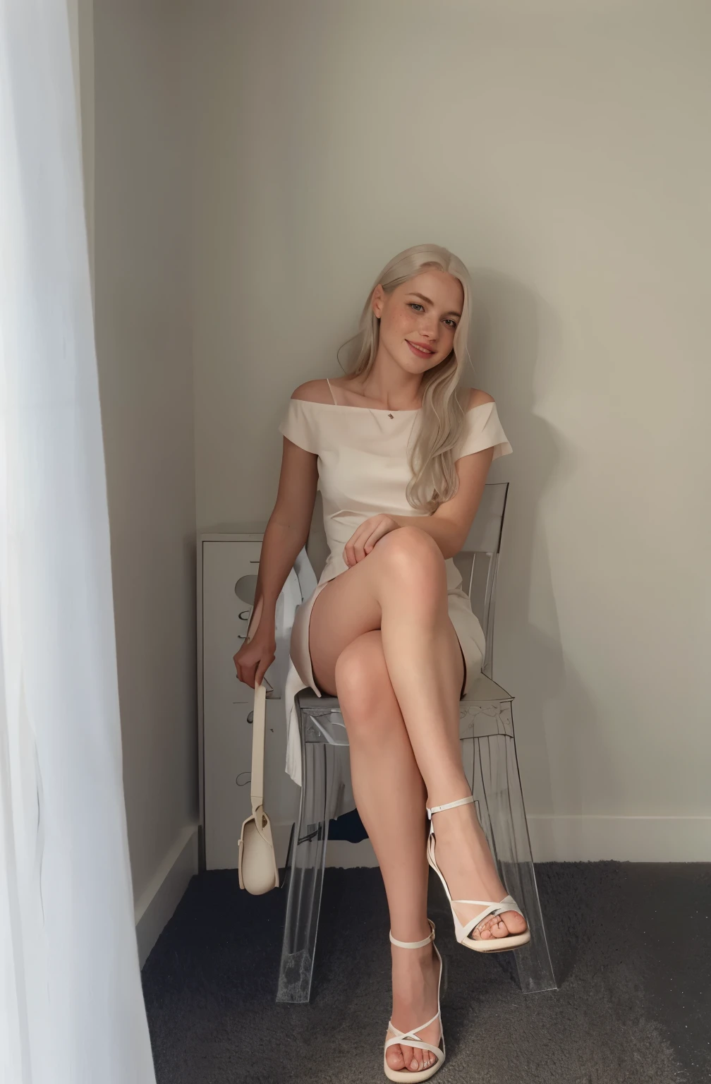mulher, americana, 25 anos, pale skin and freckles, olhos cinzas, nariz delicado, soft and delicate lips, longo, cabelo loiro platinado ondulado na altura da cintura, sorriso meigo,