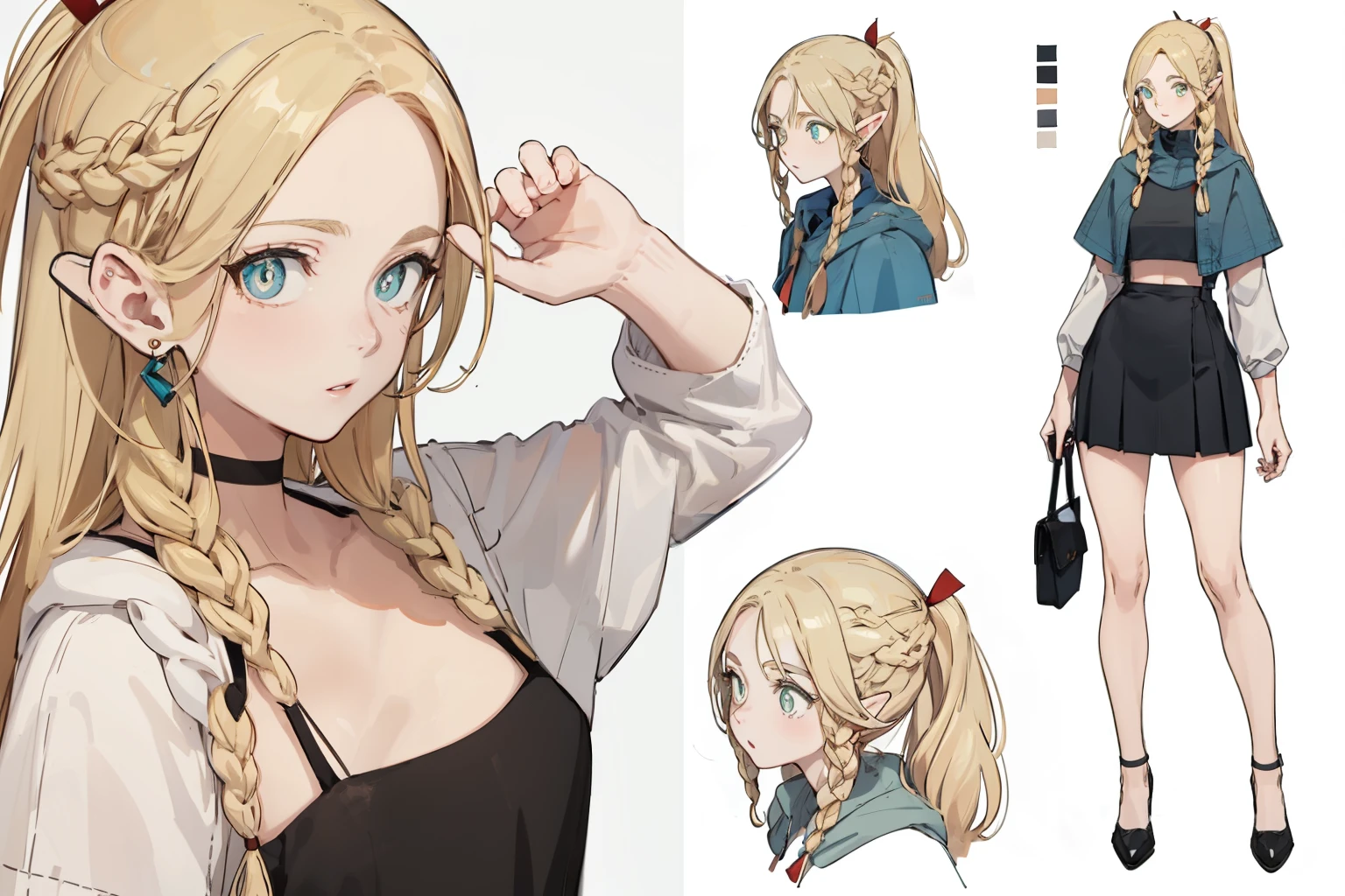 black skirt,white top,fashionable leather shoes, pop color,whole body(character design sheet,front,back,side,same characters),long blonde hair,Thick eyebrows, bust and waist,beautiful blonde,(masterpiece),((highest quality)),(Super detailed),(beautiful eyes beautiful details eyes,clean and delicate face,five fingers,Textile shades,anatomical perfection)
