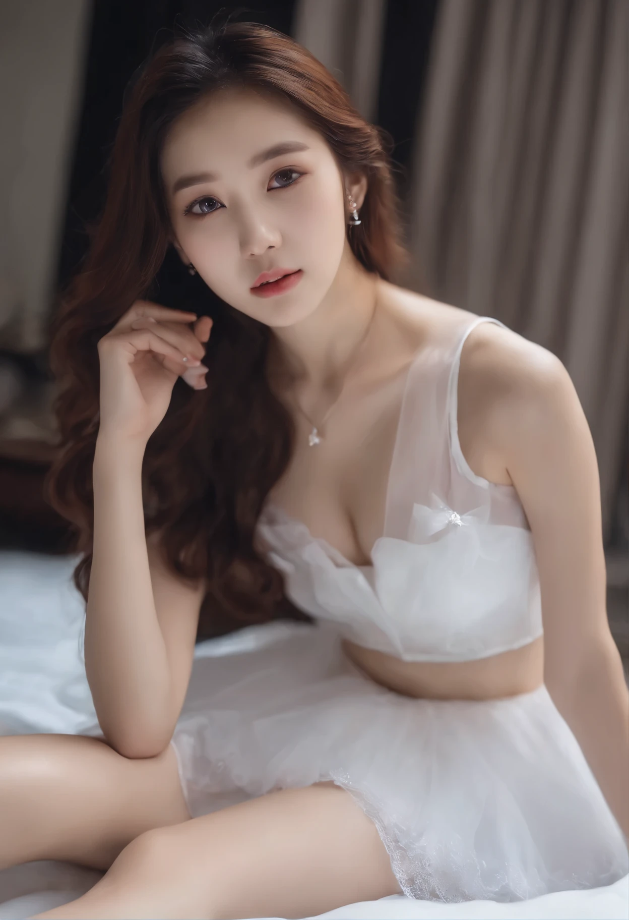 surreal, The most beautiful girl in Korea , on the bed, White layered skirt (very short, wet, view), , White transparent vest (Ultra thin),18 years old，pink nipples，big deal ，H cup，spread legs