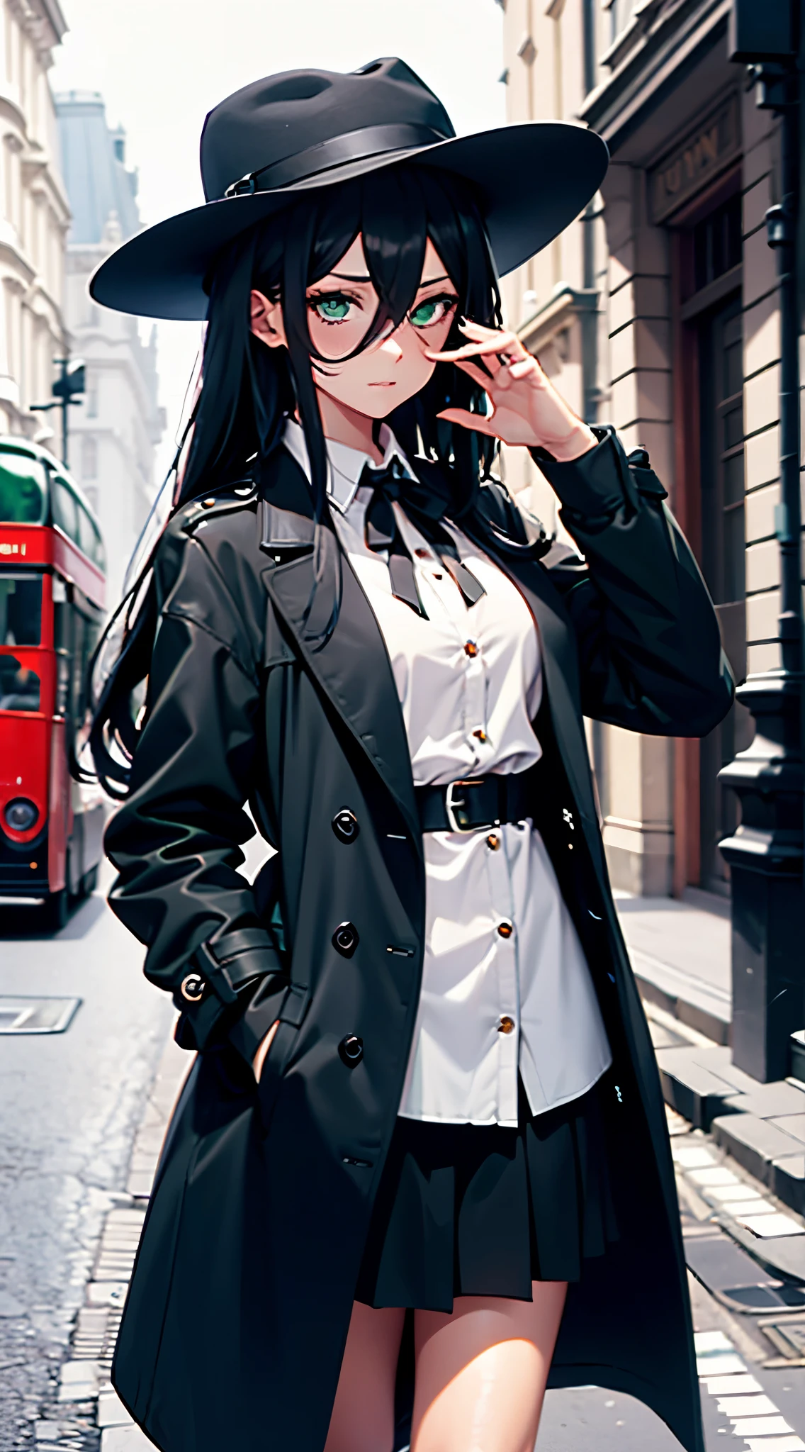 1girl, , long flowing black hair, hair between eyes, emerald green eyes, white shirt, black tie, fedora hat, black long trench coat, black skirt, long black socks, small breasts, no smile, cute, cool pose, london 1930