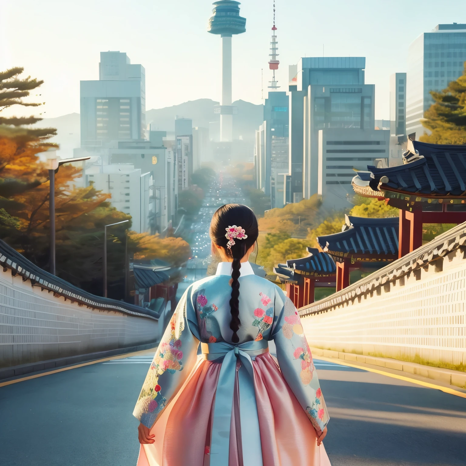 woman in a kimono walking down a street with a city in the background, traditional korean city, hanbok, korean woman, korean girl, seoul, korean hanbok, inspired by Sim Sa-jeong, south korea, korean artist, atey ghailan 8 k, artwork in the style of guweiz, inspired by Shin Yun-bok, beautiful south korean woman