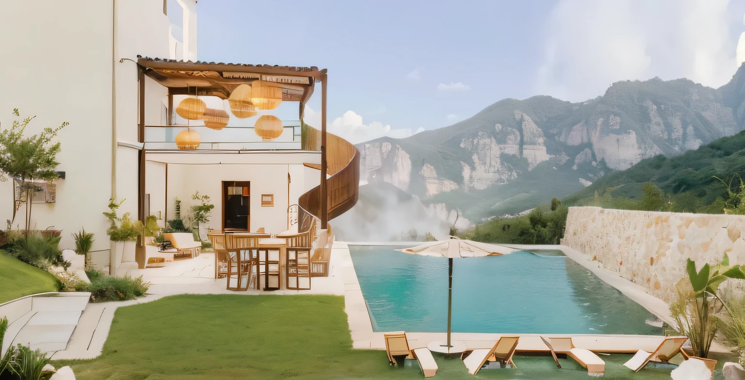 Surprise restaurant,resort pool,Log wood grain,warm sunlight,green lawn