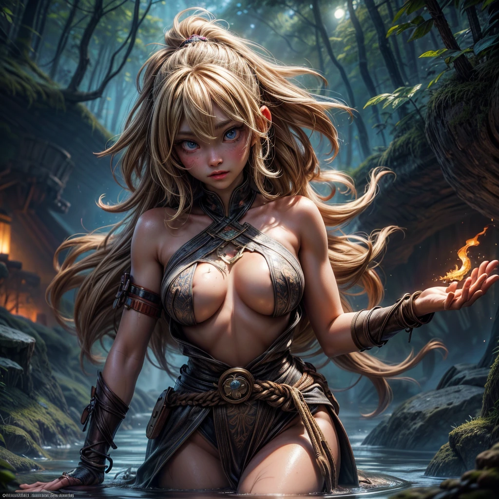 a midshot of the beautiful female Tarzan, seen from a side and from one meter above, most of the body including the waist in the cadre, evening, moonlight, water vapor rising above the water, orange fog, running through a forest path, looking at the camera, wet hair, wet body, mouth opened, breathing heavily, happy facial expression, pixie cut hairstyle, face of a woman in her twenties, blonde hair, blue eyes, brown primitive furry tribal outfit, forest cave in the background, soft Bokeh, hyper detailed painting, art by Carne Griffiths and Wadim Kashin concept art, 8k resolution, fractal isometrics details bioluminescent , photo realistic, octane render, intricately detailed , cinematic, Isometric Centered hypereallistic cover photo awesome full color, hand drawn , gritty, realistic mucha , intricate, hit definition , cinematic,Rough sketch, bold lines, (subtle nudity)