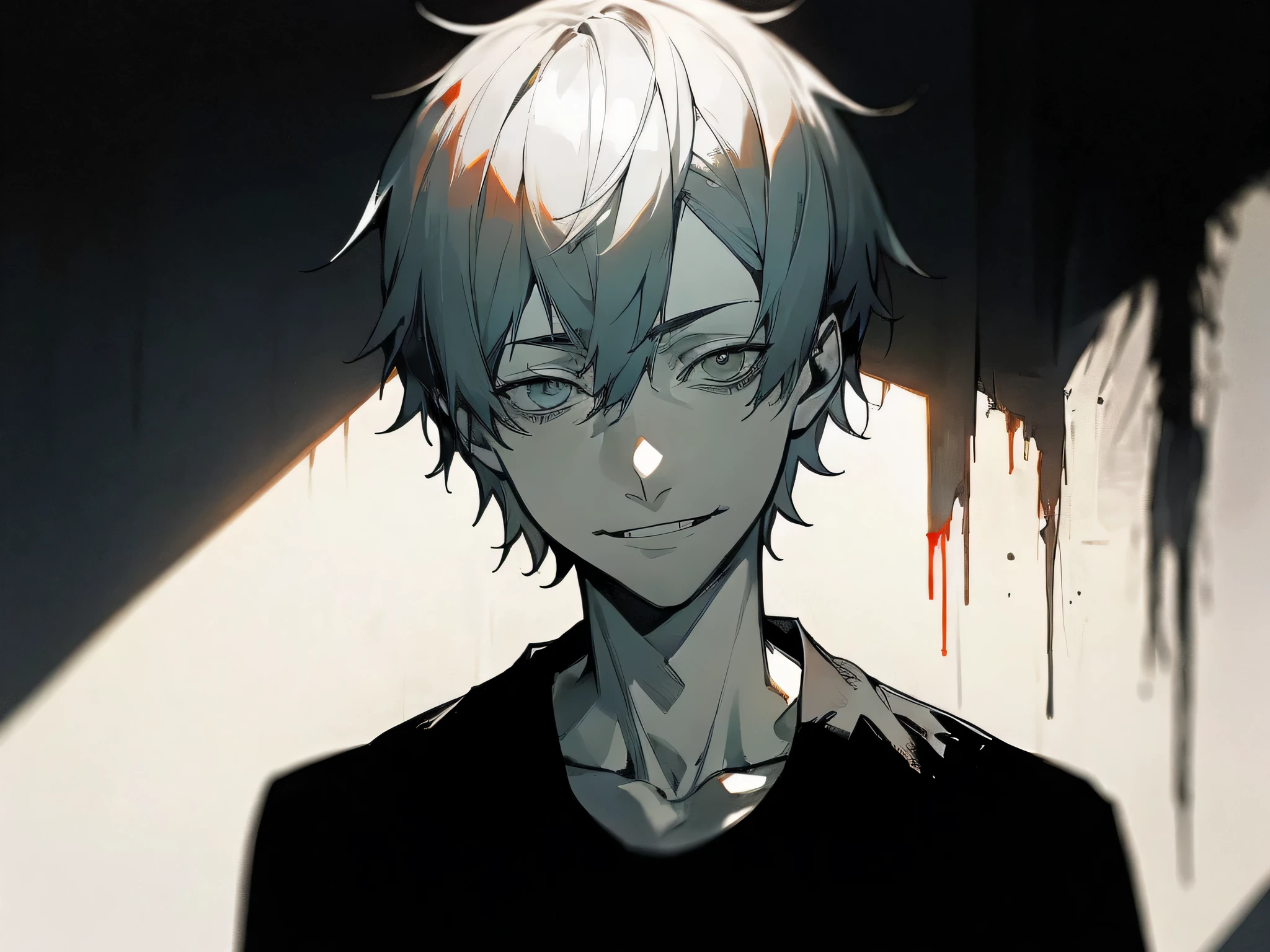 (one man:1.3) (suffering from depression+anthropophobia+schizophrenia:1.1), (Isshiki:1.2), shadows everywhere, portrait, short hair, (arrogant:1.4), Cloudy view, Blood, smile,T-shirt、dear room,