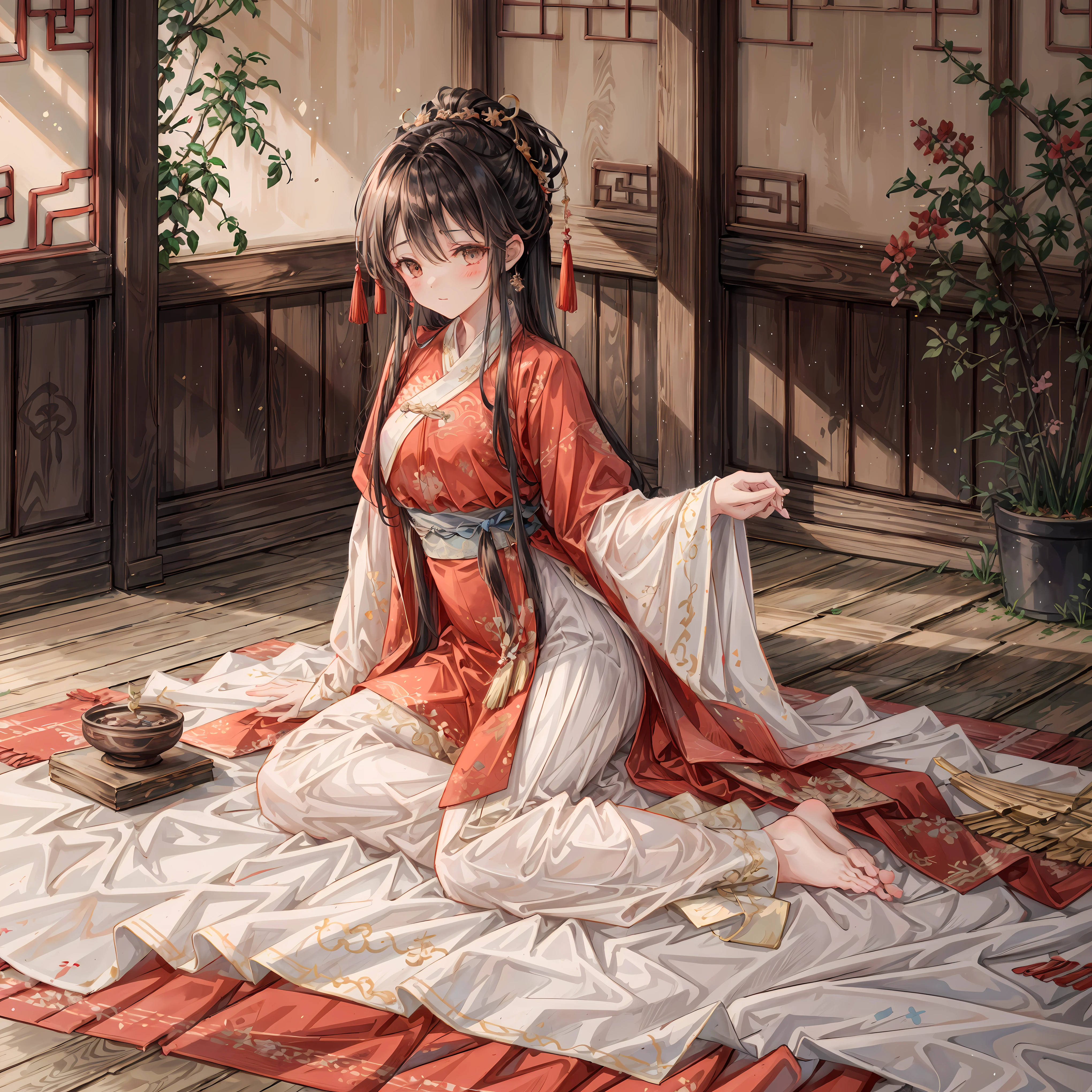 (Ridiculous,super detailed),(1 名girl:1.3),(alone, Hand Painted,Simple lines,16-year-old girl wearing red Hanfu,on the bed,barefoot,indoor,moonlight,night,nose blushing,leave,high resolution,masterpiece),There is a 16 year old girl in the bedroom under the moonlight,wear (Vibrant red Chinese Hanfu), 躺on the bed. The soft moonlight outside the window reflects the room,dim lights, Create a peaceful atmosphere. girl'Decorate the nose of S face with blush, Add a touch of innocence and charm. Her attire is beautifully Hand Painted, show (intricate details) of traditional clothing. Simple yet elegant lines, Capturing the essence of Hanfu style. girl is (barefoot), Exudes a feeling of comfort and relaxation. This artwork was created at a ridiculously high resolution,And attention to detail, Make every stroke and fine line clearly visible. The composition is a masterpiece, Reflects the skill and artistry of the creator. 视角是从girl的角度'the opinion of, Let the audience immerse themselves in her world. This prompt is intended to generate a (super detailed, high resolution图像) Capture the beauty and serenity of a moonlit night in a traditional Chinese style setting.