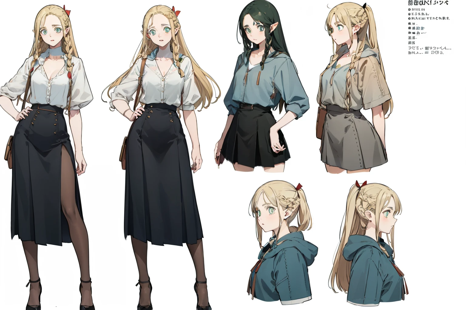 stockings，pantyhose，black skirt，white top，fashionable leather shoes， pop color，（whole body，character design sheet，front，back，side，same characters），long blonde hair，Thick eyebrows, bust and waist，beautiful blonde，（masterpiece），（（highest quality）），（Super detailed），（beautiful eyes beautiful details eyes，clean and delicate face，five fingers，Textile shades，anatomical perfection）