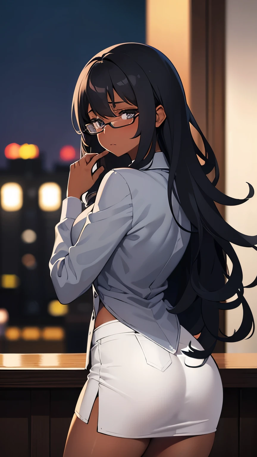 Dark-skinned adult babe, grey eyes, eyeglasses, long curly black hair, lapislazuli-colored long-sleeved unbuttoned blouse, white tight short miniskirt, shy, blushing, crying silently, concerned, standing, looking back, view from behind, in a bar at night