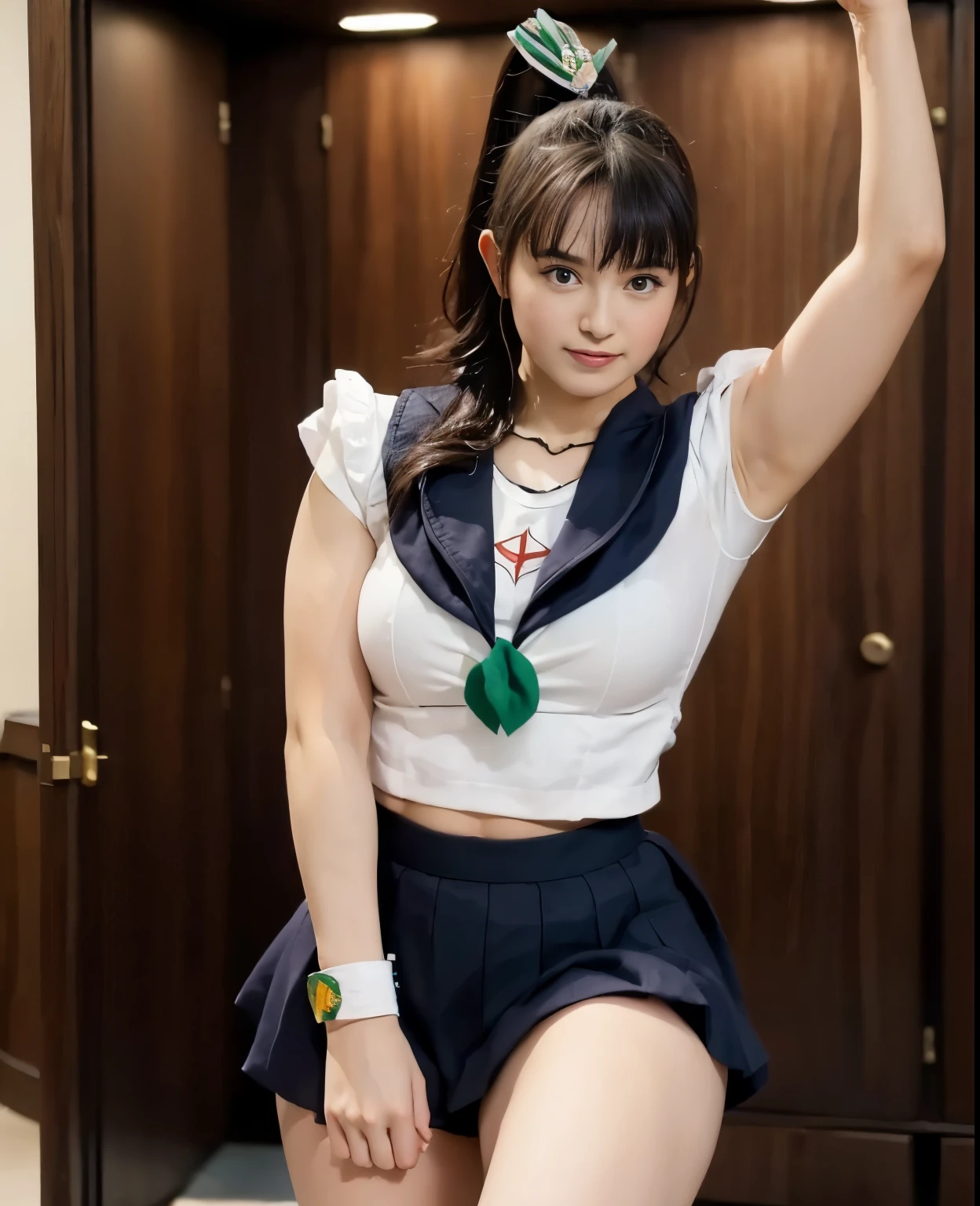 (highest quality:1.2),(perfect beautiful face:1.2),(perfect and beautiful posture:1.2),(sailor_jupiter:1.3), in the locker room, smile, (thick muscles:1.3),big breasts,Ultra-high precision photos,Chubby,bloomer pants,Stretching