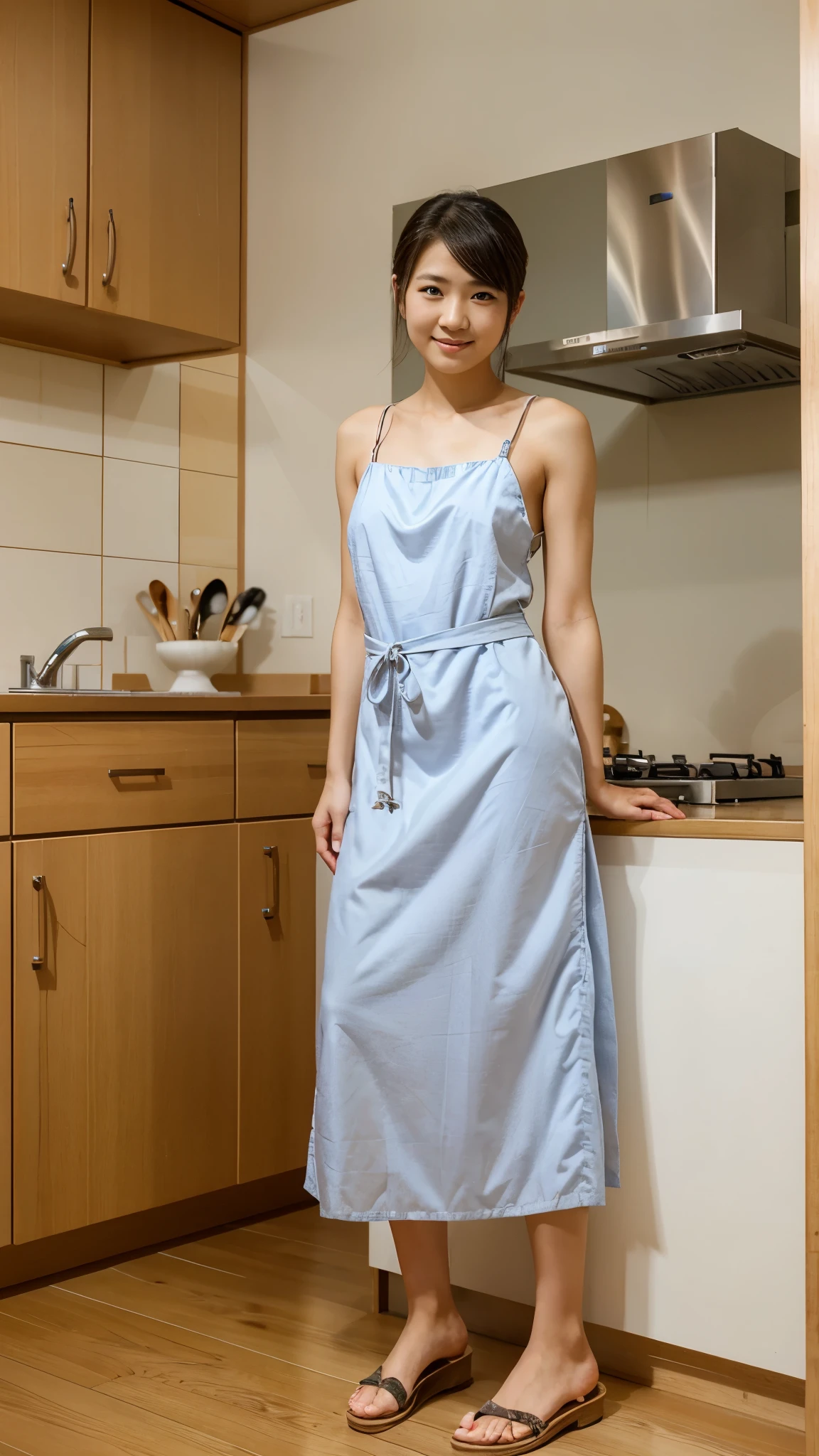 A Japanese boy crossdressing as a woman wearing a long dress and woman's sandals standing in the kitchen with feminine pose and shy expression facing to the camera.