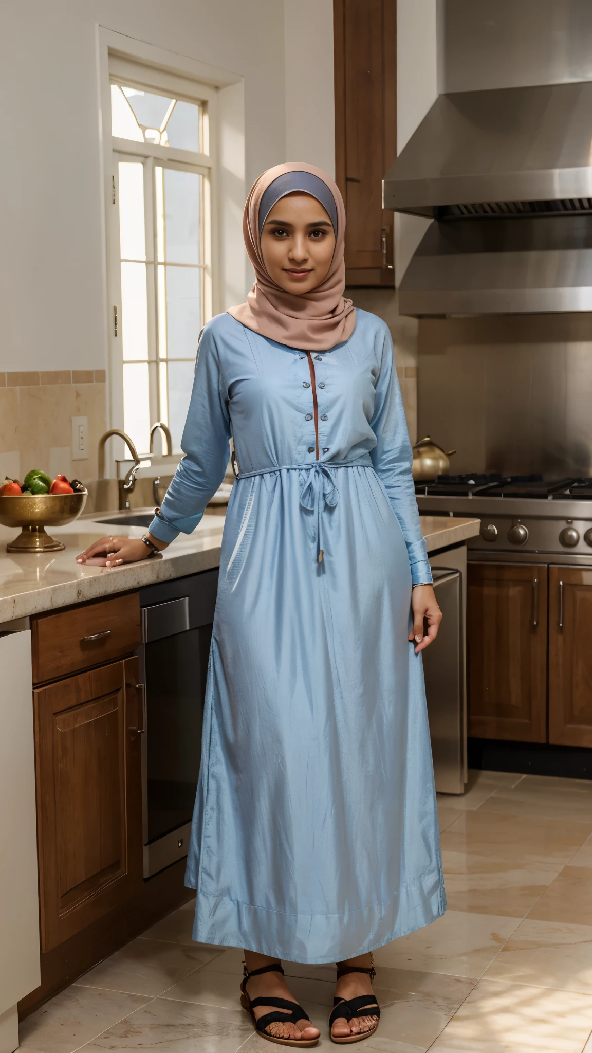 A man crossdressing as a woman wearing a perfect hijab, no hair seen, muslim women long dress, muslim women outer, and woman's sandals standing femininely in the kitchen with shy expression, he is facing to the camera.