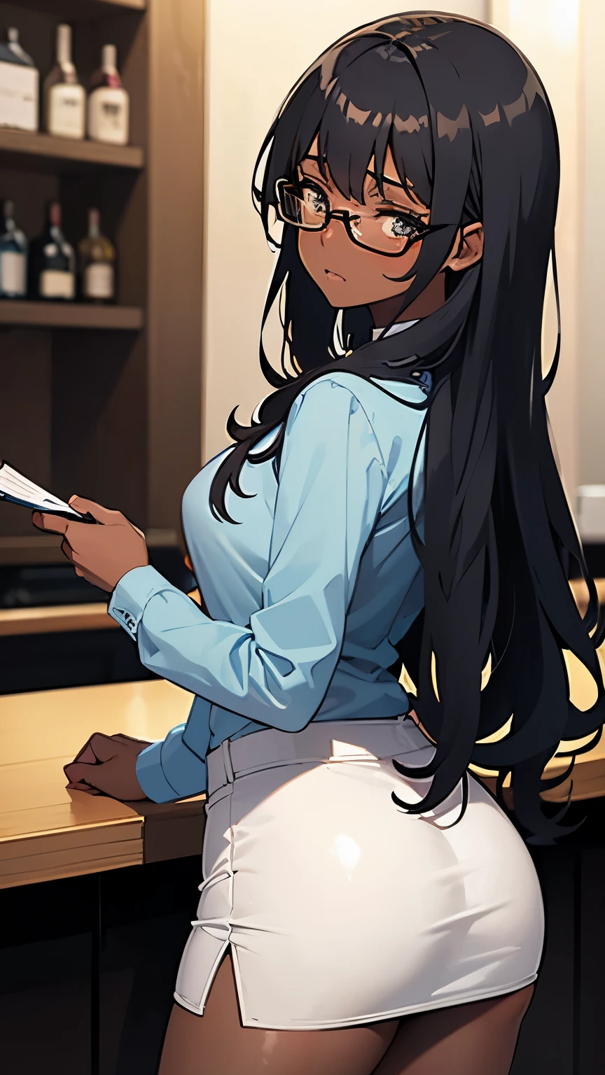 Dark-skinned adult babe, grey eyes, eyeglasses, long curly black hair, cyan long-sleeved unbuttoned blouse, white tight short miniskirt, shy, blushing, crying silently, concerned, standing, looking back, view from behind, in a bar at night