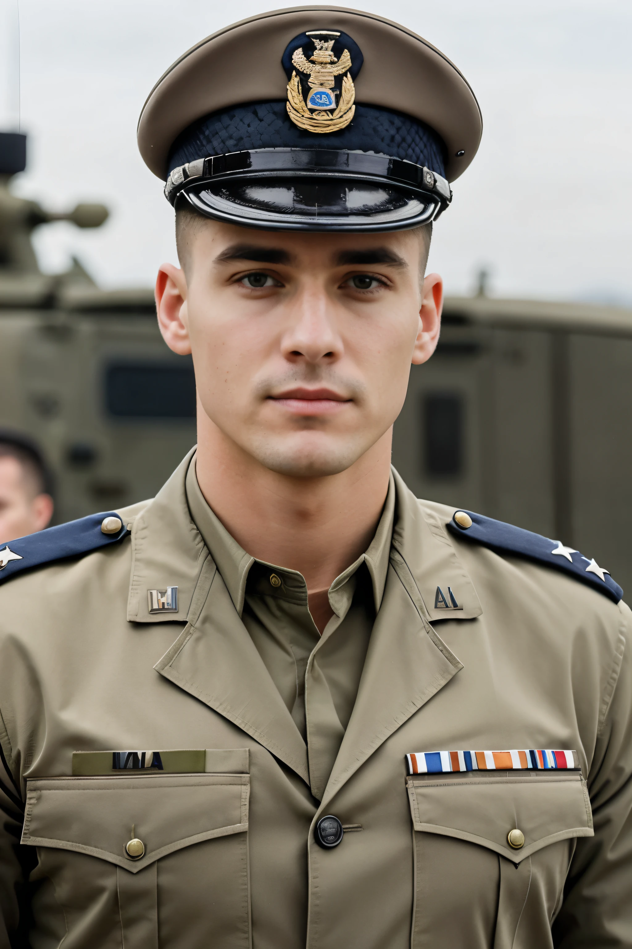 Una U militar moderna masculina.s. Army captain, police officer with a short blonde who looks serious and with a slight smile looking at you intensely.. tiro en la parte superior del cuerpo.