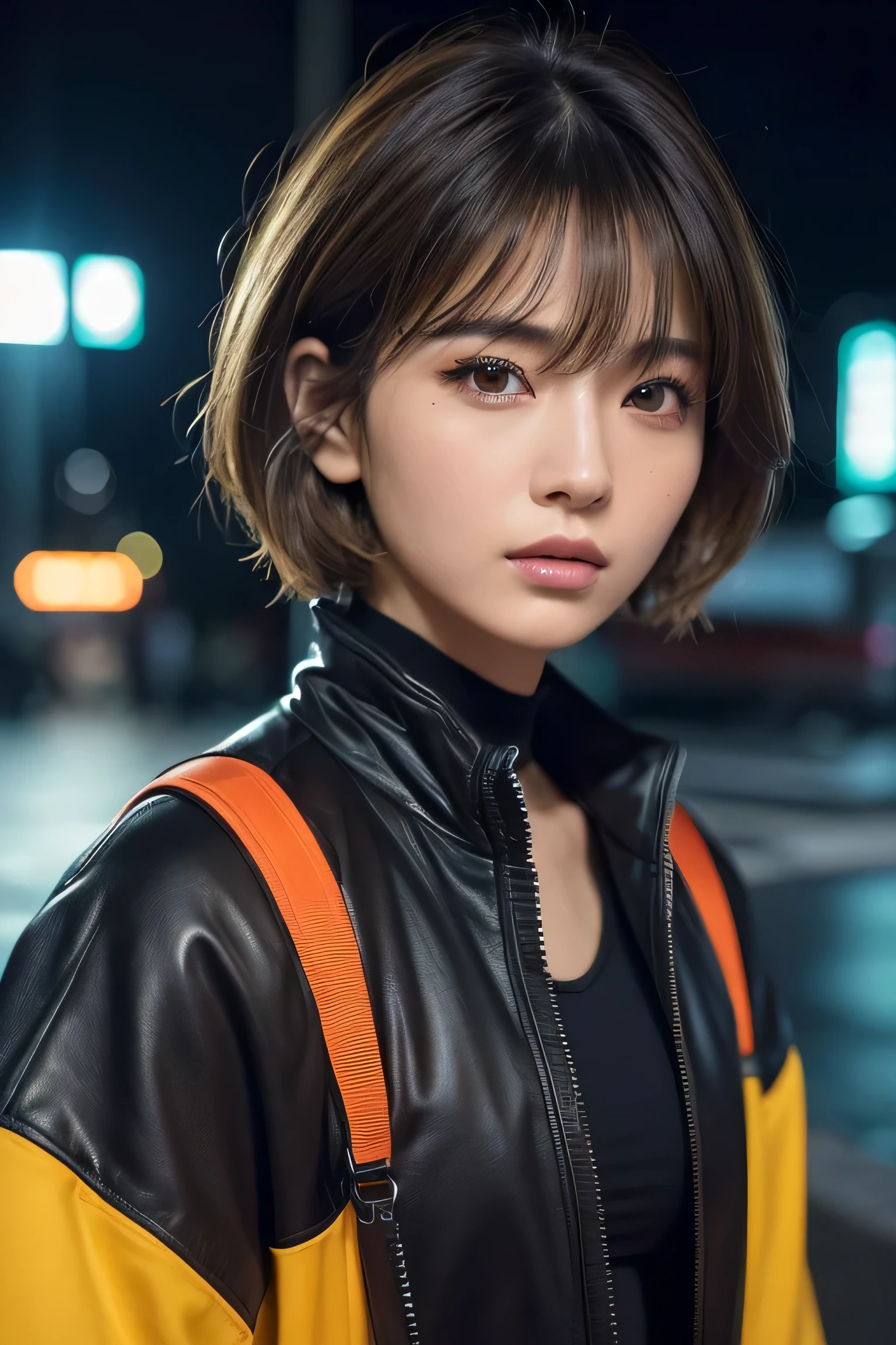 (masterpiece:1.2), Super detailed, ultra high resolution, (realistic, photo realistic:1.37), High-definition RAW color photo, professional photos, highly detailed face, very fine eyes, Very fine skin, very thin fingers, highly detailed nose, highly detailed mouth, perfect anatomy, highly detailed background, (famous japanese actress:1.2), (Improve:1.35), (flat chest), (brown person々, black skin, blonde hair:1.3), (Very short cut hair, curl the inside of the hair), Edgy Girl, dark orange jacket, tech wear, camera, Backpack, white sneakers, dramatic makeup, splicing, sitting outside a convenience store, looking at the street, outdoors, ((at night, dark city)), neon sign, personality, credibility, creative expression, Hong Kong in the 80s,realism
