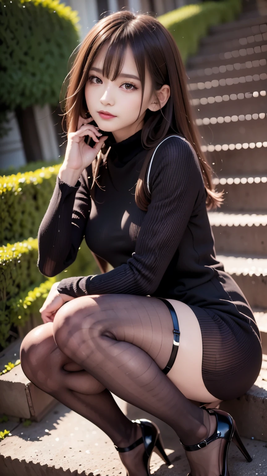 An arafi woman wearing a black dress and black high heels is sitting on the steps, attractive pose, All-through pantyhose, wearing a black sweater, casual pose, wearing a dark sweater, black sweater, wearing tight black clothes, Photographed with Canon EOS 5D mark iv, thoughtful pose, Photographed with Canon EOS 5D, woman posing, with short hair, black clothes, cute young woman, brown hair