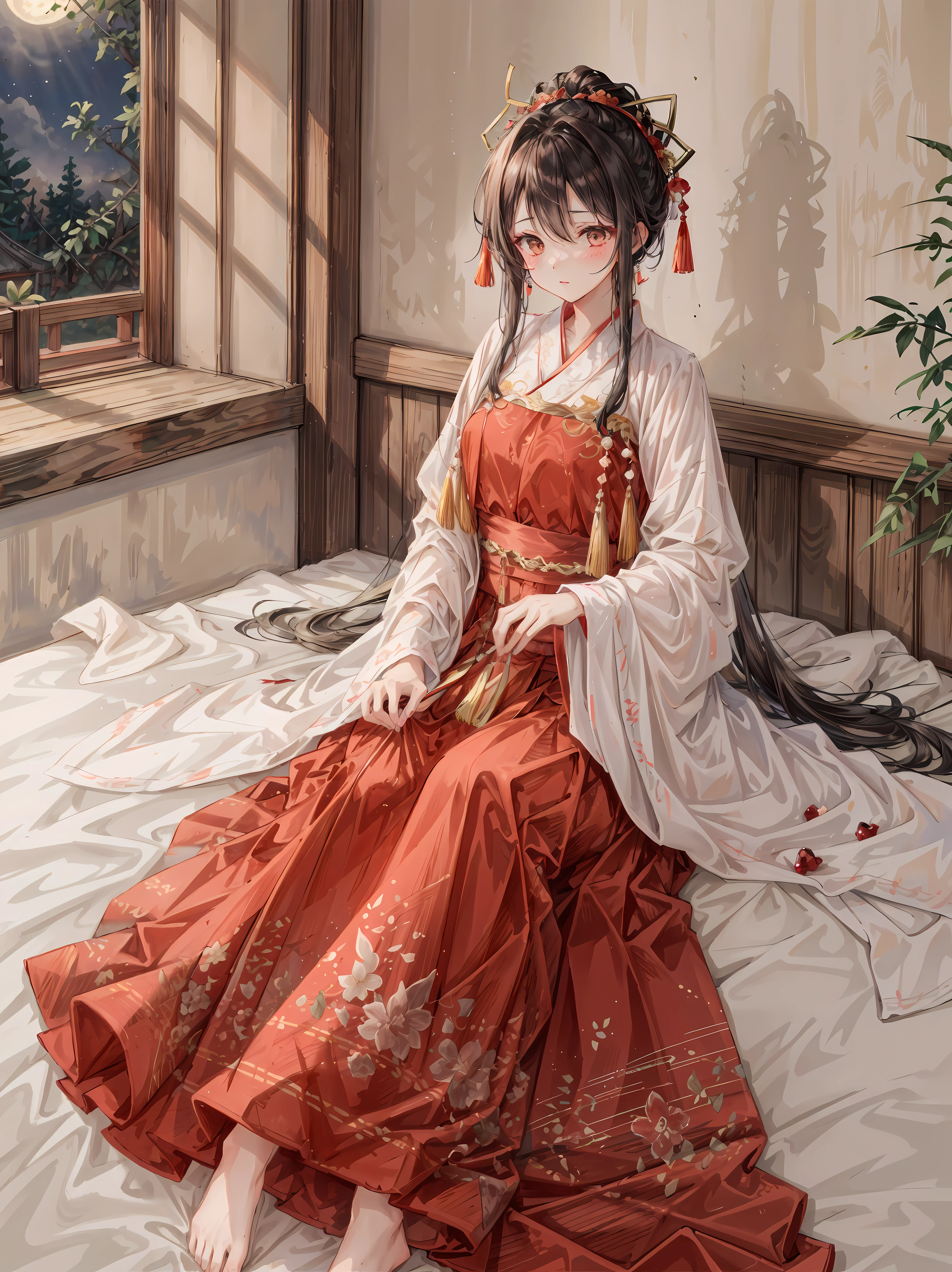 (leave:1.2), (Ridiculous, super detailed), (1 girl: 1.3), (alone, Hand Painted, Simple lines, 16-year-old girl wears red Hanfu, lying in bed barefoot, indoors, moonlight, night, red nose, leave, high resolution, masterpiece), (Permanently installed, posture), in the moonlight bedroom, There is a 16 year old girl wearing (Red Jinxi makeup weft brocade large sleeve shirt bright red (Hanfu), Embroidered mandarin duck、pomegranate pattern, Fastened to the chest with a collar button inlaid with red gemstones and quartz), Wearing a skirt embroidered with hundreds of blessings, The long skirt reaches three feet to the ground, Edges rolled into filament trim, Studded with colorful beads, Flowing red dress and red tulle veil, The soft moonlight outside the window reflects the room, Dim lighting creates a peaceful atmosphere, Her face is painted with blush powder, Add a touch of innocence and charm. Her clothing is beautifully Hand Paintedditional costumes with intricate details. Simple and elegant lines capture the essence of Hanfu style. that girl (barefoot) Exudes a feeling of comfort and relaxation. This artwork was created with incredible resolution and attention to detail, Make every stroke and every fine line clearly visible. The work is a masterpiece that embodies the creator's skills and artistry. This point of view is from a girl’s perspective; Her point of view is to immerse the audience in her world. This prompt is intended to generate (Super detailed, high resolution images) In a traditional Chinese style setting, capturing the beauty and tranquility of a moonlit night.