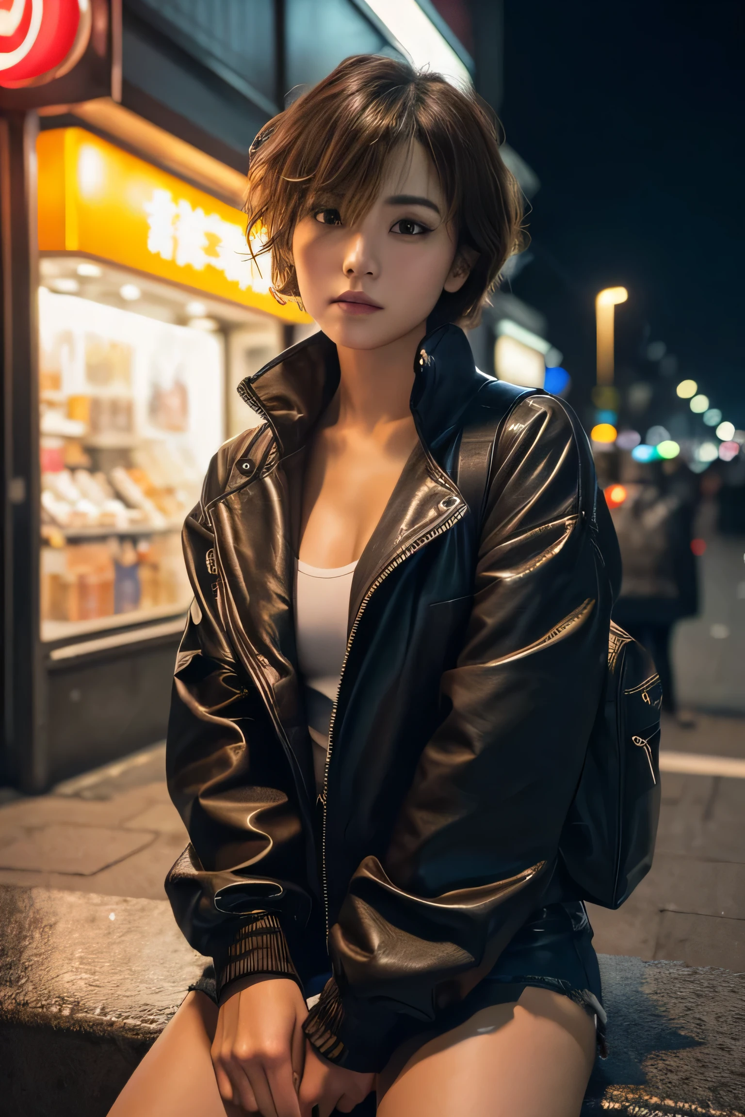 (masterpiece:1.2), Super detailed, ultra high resolution, (realistic, photo realistic:1.37), High-definition RAW color photo, professional photos, highly detailed face, very fine eyes, Very fine skin, very thin fingers, highly detailed nose, highly detailed mouth, perfect anatomy, highly detailed background, (famous japanese actress:1.2), (Improve:1.35), (flat chest), (brown person々, black skin, blonde hair:1.3), (Very short cut hair, curl the inside of the hair), Edgy Girl, dark orange jacket, tech wear, camera, Backpack, white sneakers, dramatic makeup, splicing, sitting outside a convenience store, looking at the street, outdoors, ((at night, dark city)), neon sign, personality, credibility, creative expression, Hong Kong in the 80s,realism
