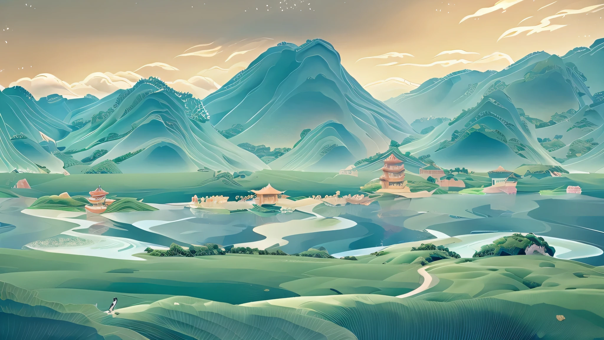 Mountain，water，classical，China，Anime landscape，Color is light and elegant，green