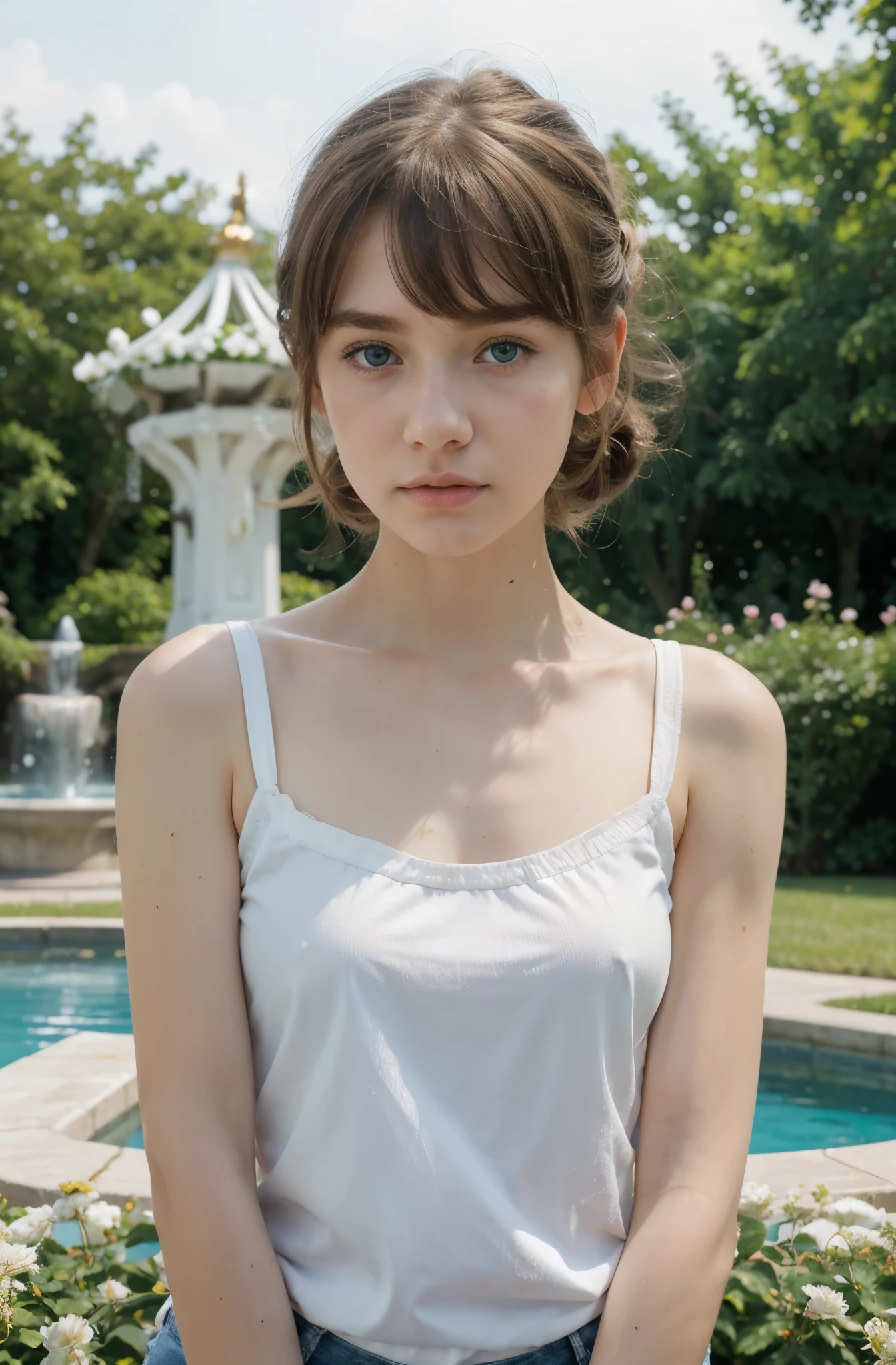 (best quality,hyper-realistic,ultra-detailed,8k), teenager, , shy, sad, paleness, big blue eyes, very white skin, small nose, very short brown hair with bangs, melancholy, delicate, feminine, skinny, garden of thousand White roses, short ponytails hairstyle, short Green summer shirt, short blue jeans, fountain, Sunny day, brilliant colors.
