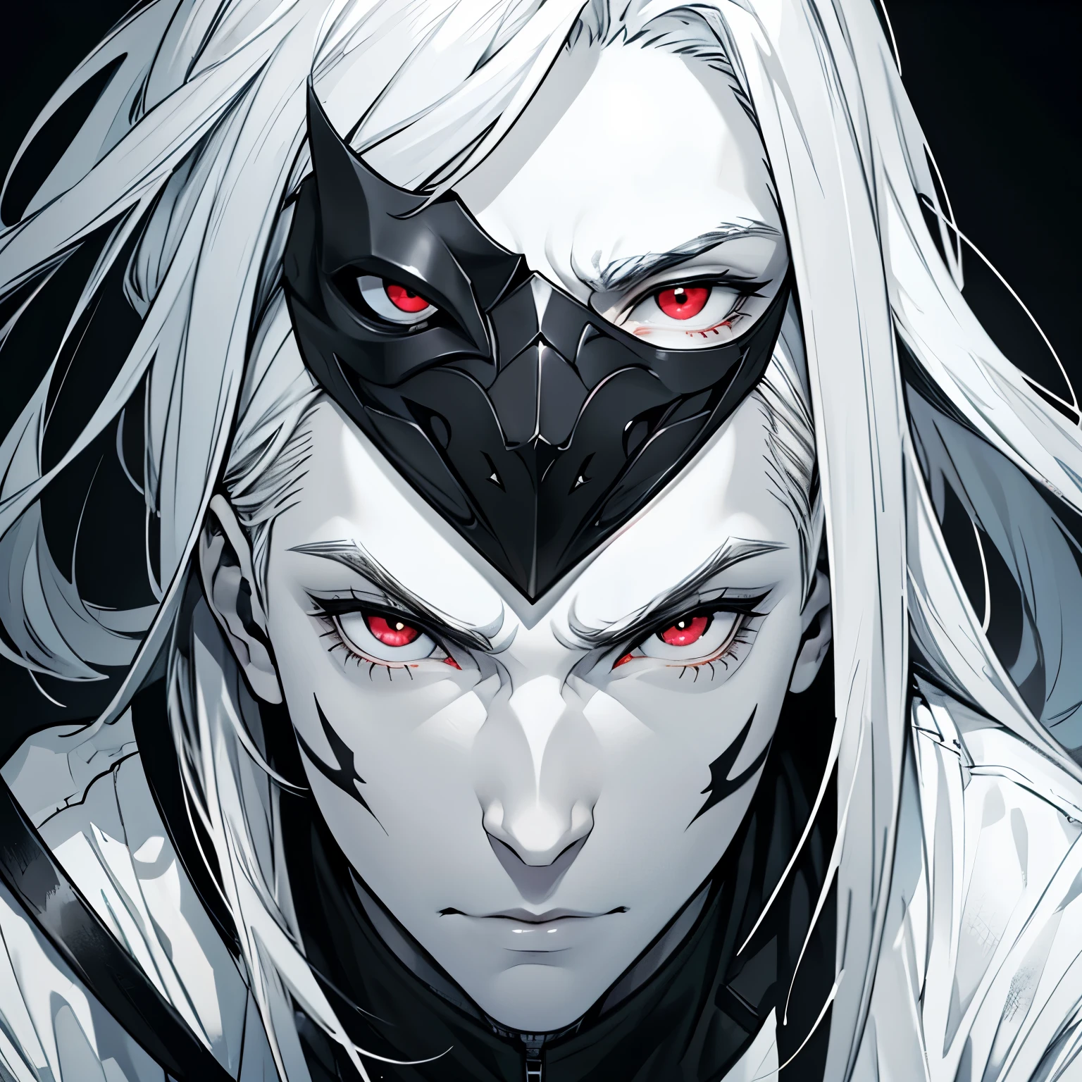 Male, Pale skin, Blueish-Red eyes, Silver hair, General-like clothing ((Black and white theme)), masked face ((from mouth to nose only))
