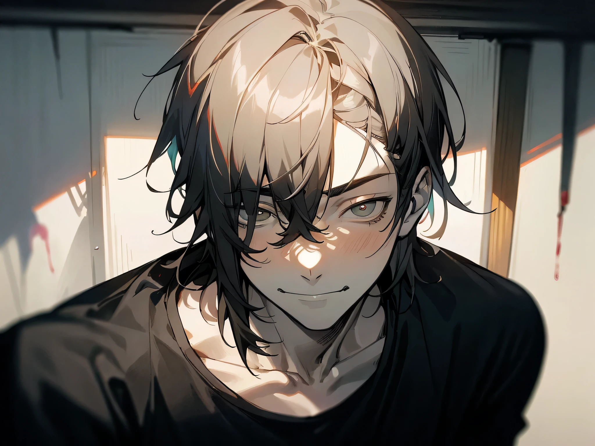 one man:1.3) (suffering from depression+anthropophobia+schizophrenia:1.1), (Isshiki:1.2), shadows everywhere, portrait, short hair, (arrogant:1.4), cloudy view,blood on my face, smile,T-shirt、dear room