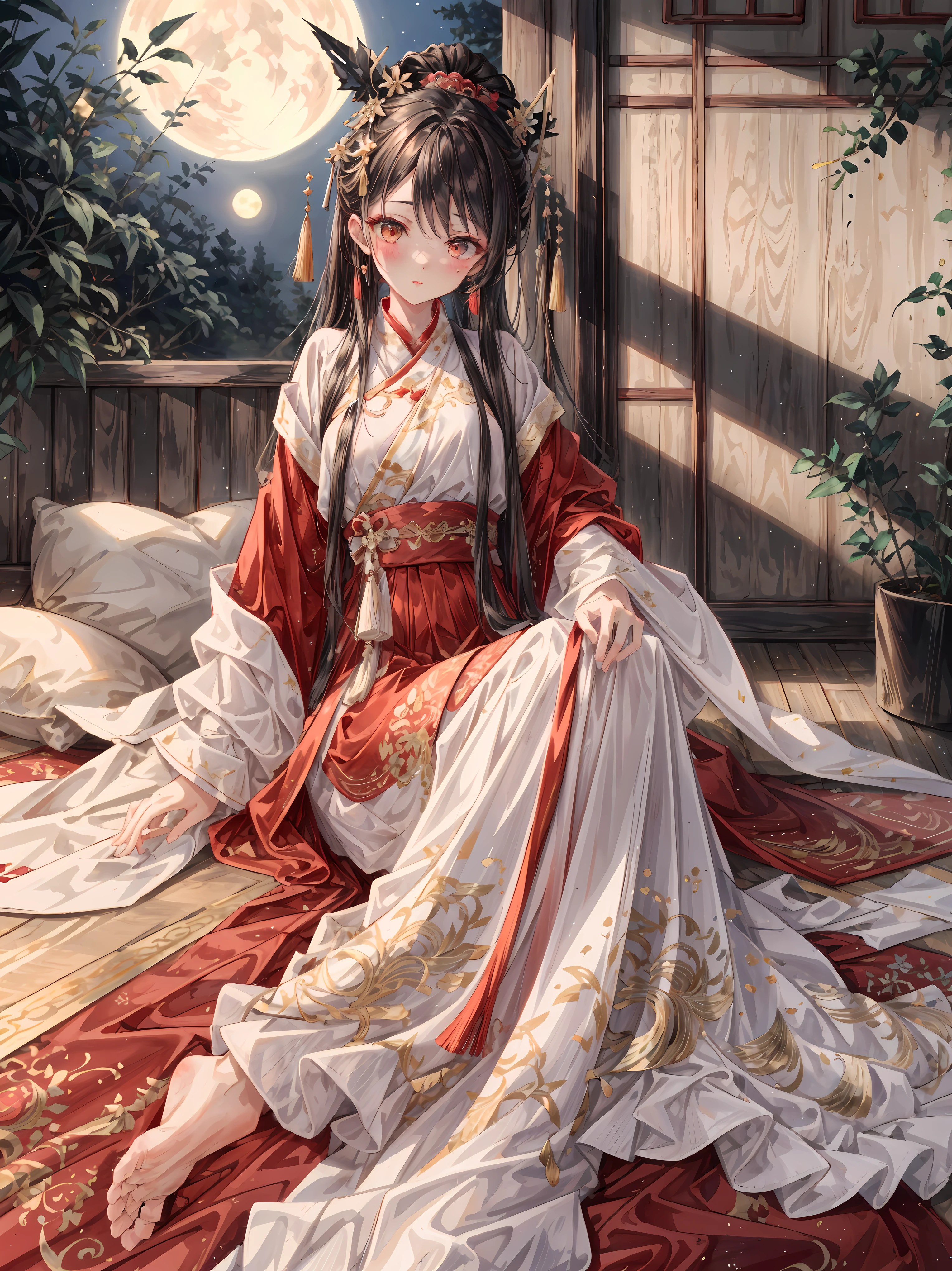 (leave:1.2), (close to the audience, face to face), (Ridiculous, super detailed), (1 girl: 1.3), (alone, Hand Painted, Simple lines, 16-year-old girl wears red Hanfu, lying in bed barefoot, indoors, moonlight, night, red nose, leave, high resolution, masterpiece), (Permanently installed, posture), in the moonlight bedroom, There is a 16 year old girl wearing (Red Jinxi makeup weft brocade large sleeve shirt bright red (Hanfu), Embroidered mandarin duck、pomegranate pattern, Fastened to the chest with a collar button inlaid with red gemstones and quartz), Wearing a skirt embroidered with hundreds of blessings, The long skirt reaches three feet to the ground, Edges rolled into filament trim, Studded with colorful beads, Flowing red dress and red tulle veil, The soft moonlight outside the window reflects the room, Dim lighting creates a peaceful atmosphere, Her face is painted with blush powder, Add a touch of innocence and charm. Her clothing is beautifully Hand Paintedditional costumes with intricate details. Simple and elegant lines capture the essence of Hanfu style. that girl (barefoot) Exudes a feeling of comfort and relaxation. This artwork was created with incredible resolution and attention to detail, Make every stroke and every fine line clearly visible. The work is a masterpiece that embodies the creator's skills and artistry. This point of view is from a girl’s perspective; Her point of view is to immerse the audience in her world. This prompt is intended to generate (Super detailed, high resolution images) In a traditional Chinese style setting, capturing the beauty and tranquility of a moonlit night.