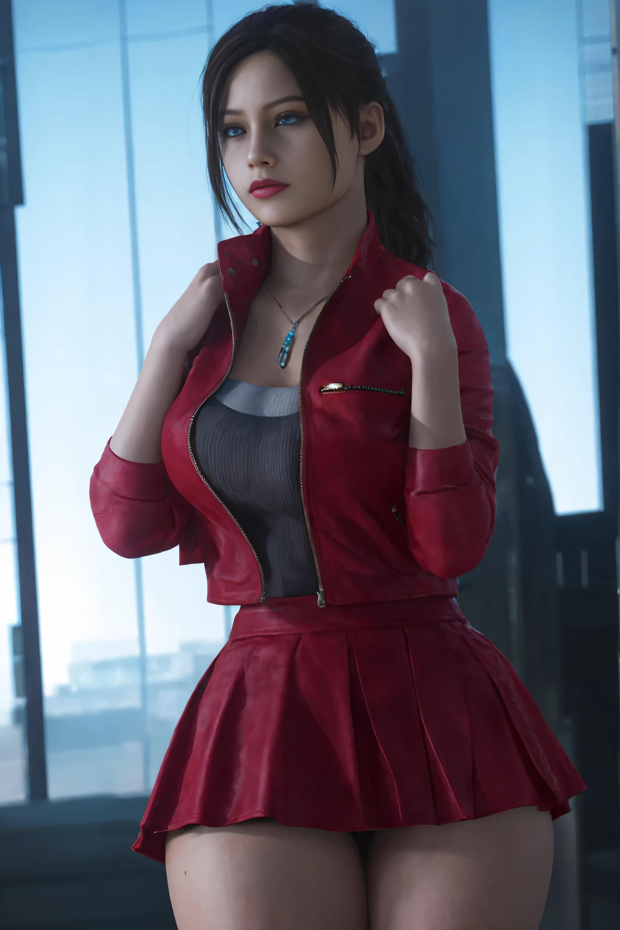 Claire Redfield from Resident Evil, posing seductively to viewer, solo:1, pov, beautiful thick thighs, side view
Sunny city background, long hair, 3/4 body, school attire with jacket and mini skirt