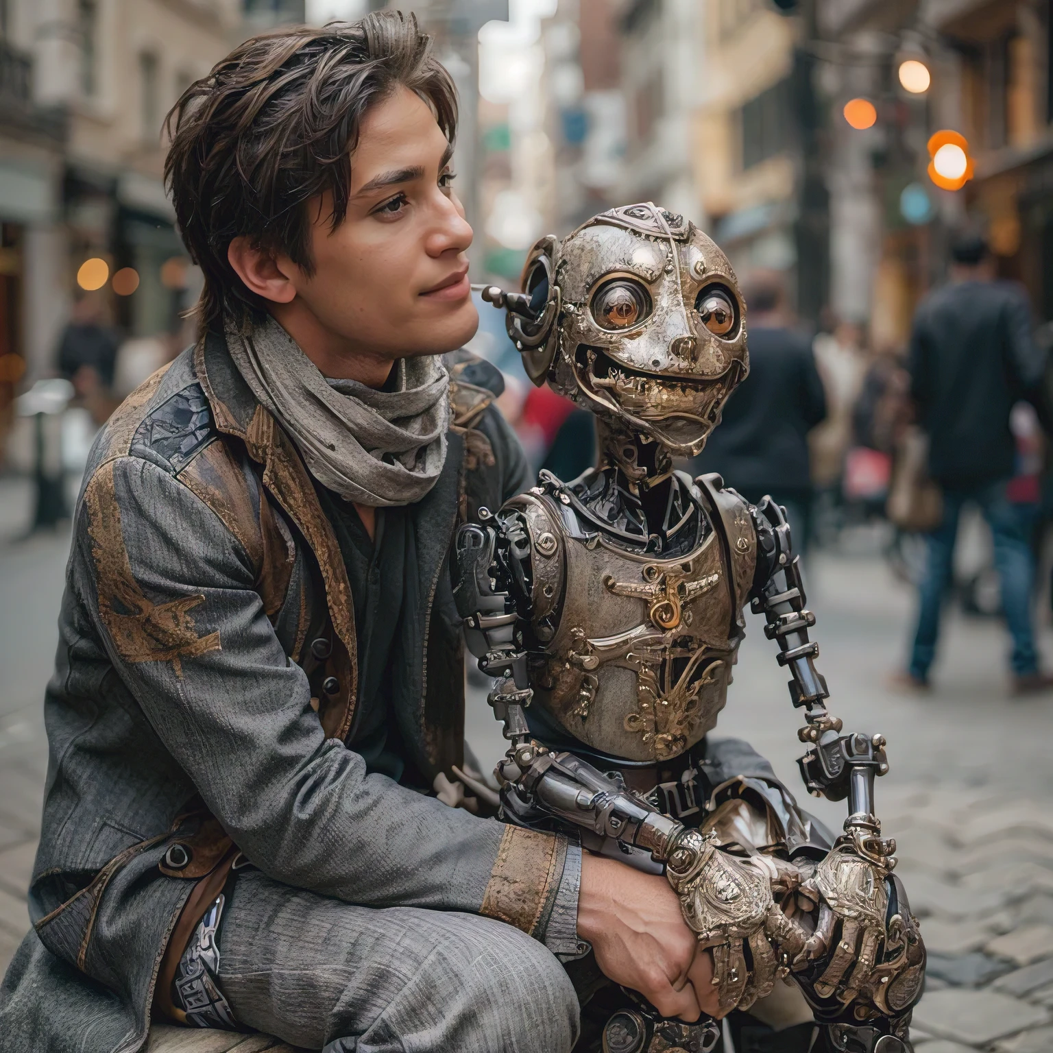 (best quality, masterpiece, ultra-detailed, photorealistic:1.3), a man is a ventriloquist, he has a steampunk biomechanical puppet sitting on his lap on the streets, they are performing, the man and puppet looks at each other happily, clean lines, fantasy