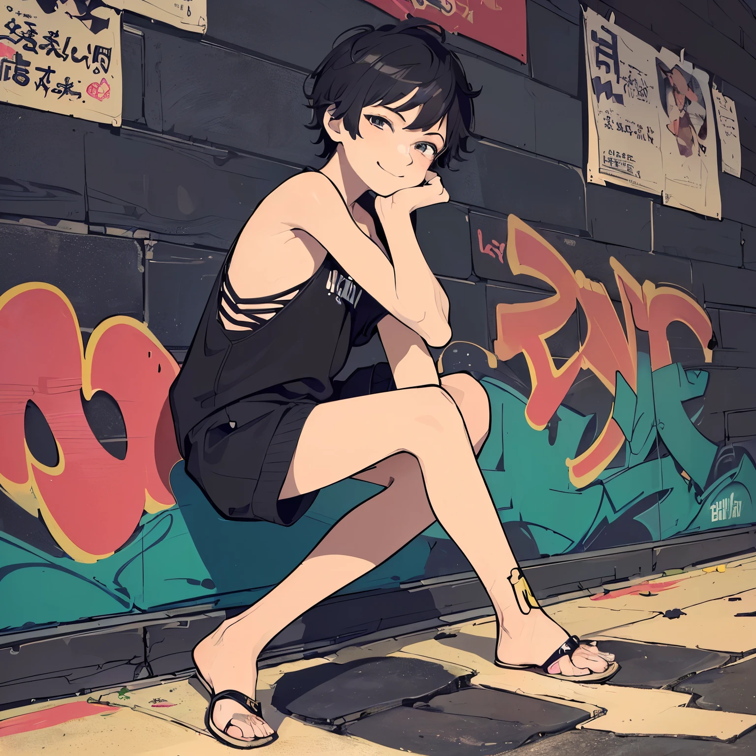 (masterpiece:1.2, best quality), (graffiti wall:1.15), ((Black short hair)), ((A 16-year-old male)), (1 hand showing peach), (a small beautiful smile), ((put his face in the front and left position), (((Boy))), (( manga style)), ((whiite skin)), ((He will stand crouched on the ground)),