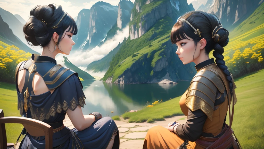 Create an image of a person meditating on a stunning landscape, this art needs to have fantastic lighting. black hair, hair bobbles, wince, longeyelashes, solid circle eyes, pov, atmospheric perspective, 8k, super detail, ccurate, best quality, high quality, retina, UHD, masterpiece, ccurate, anatomically correct, 4K, 16k, 1080P, HD, highres