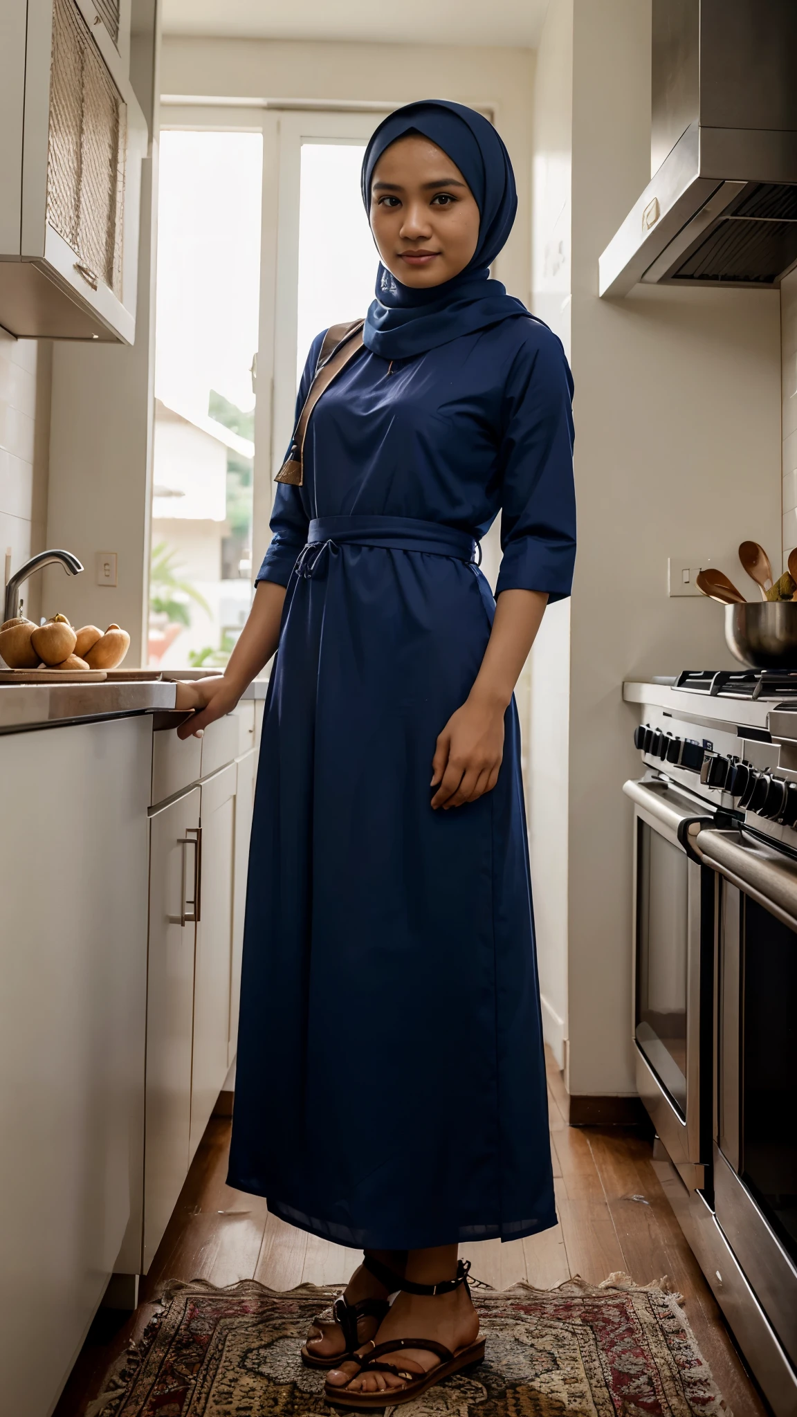 An Indonesian man crossdressing as a woman wearing a perfect hijab, no hair seen, muslim women long dress, muslim women outer, and woman's sandals standing femininely in the kitchen with shy expression, he is facing to the camera.