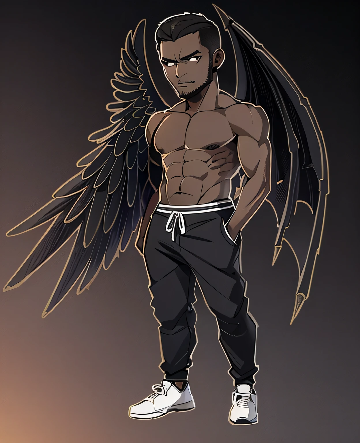 un hombre de piel morena clara, corredores negros, nike air blancas, demon bat wing and white angel wing, pelo negro y ojos blancos brillantes, barba corta