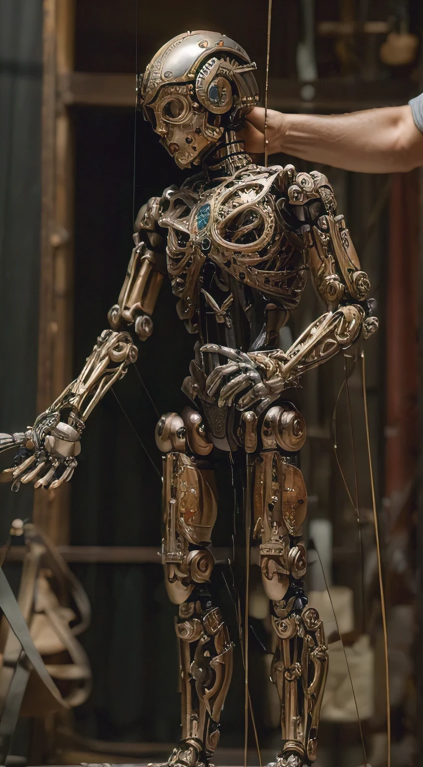(best quality, masterpiece, ultra-detailed, photorealistic:1.3), a man is a ventriloquist, he has a steampunk biomechanical puppet sitting on his lap on the streets, they are performing, the man and puppet looks at each other happily, clean lines, fantasy