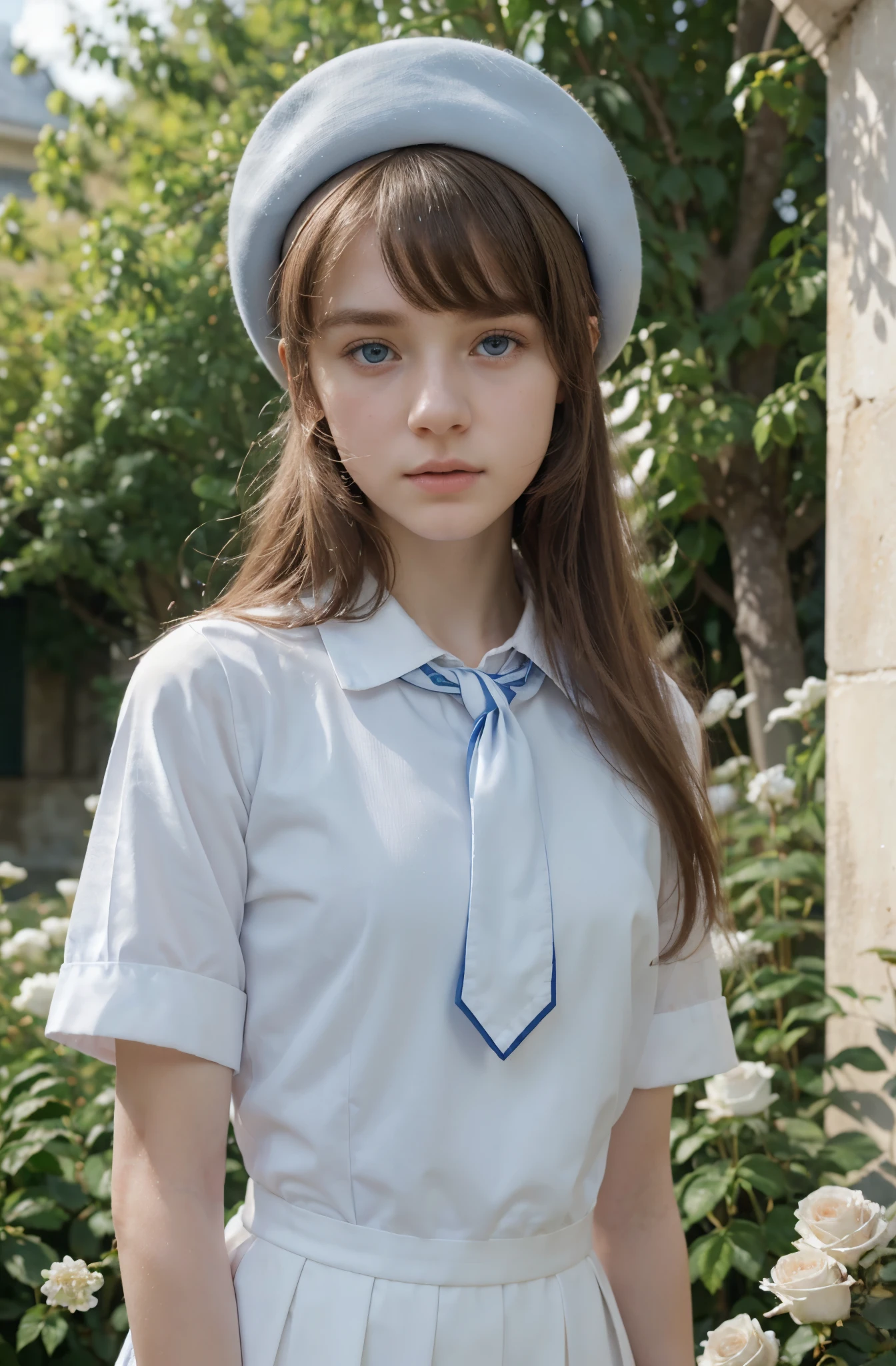 (best quality,hyper-realistic,ultra-detailed,8k), ager, fifteen years old, shy, sad, paleness, big blue eyes, very white skin, small nose, very short brown hair with bangs, melancholy, delicate, feminine, skinny, elegant school blue uniform, french pink Beret, red tie, brilliant day, garden of thousand white roses.