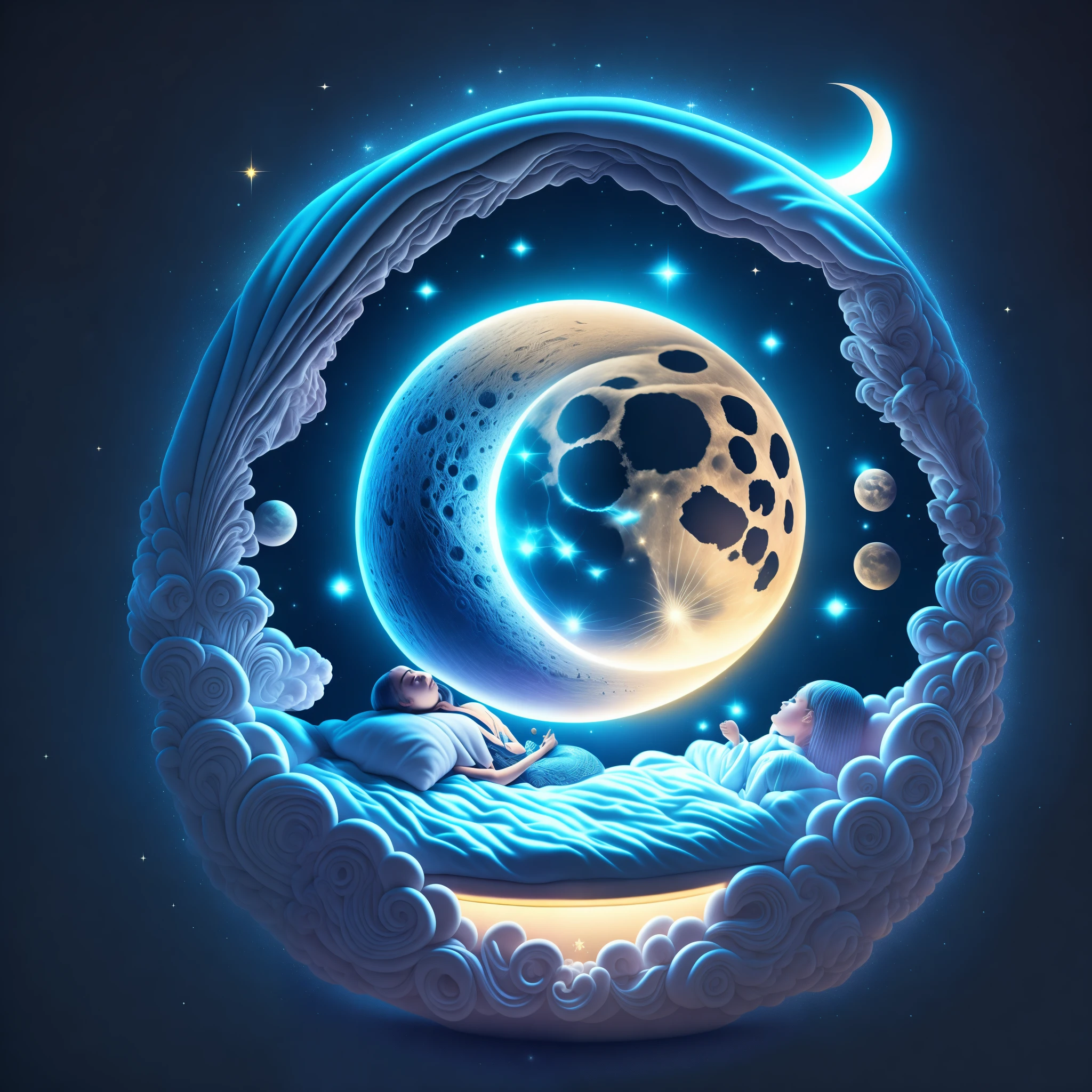 Waning moon with sleeping bed in center, night, Detailed description, cartoon, magic elements, Bright particle effects, super detailed, center, rule of thirds, clean background