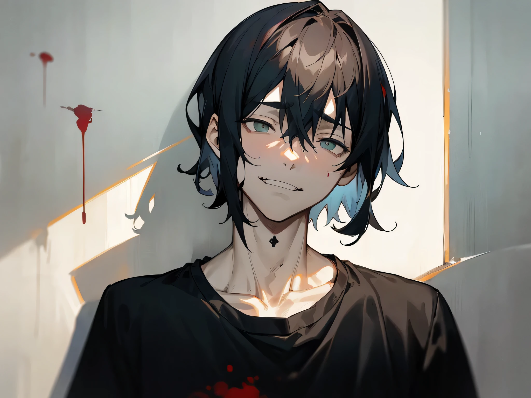 1boy, black hair, short shaggy hair, hair between eyes, earrings, jewelry, long sleeves, male focus, looking at viewer, solo, red eyes, smug, facing viewer, saliva drip, tongue, off shoulder, black sweater, sleeves past wrists, house interior, from below , (blood on face:1.1), blood, blood on clothes, <lora:hotarueye_hosome1_v100:0.5>, <lora:mazav1C:0.9>
