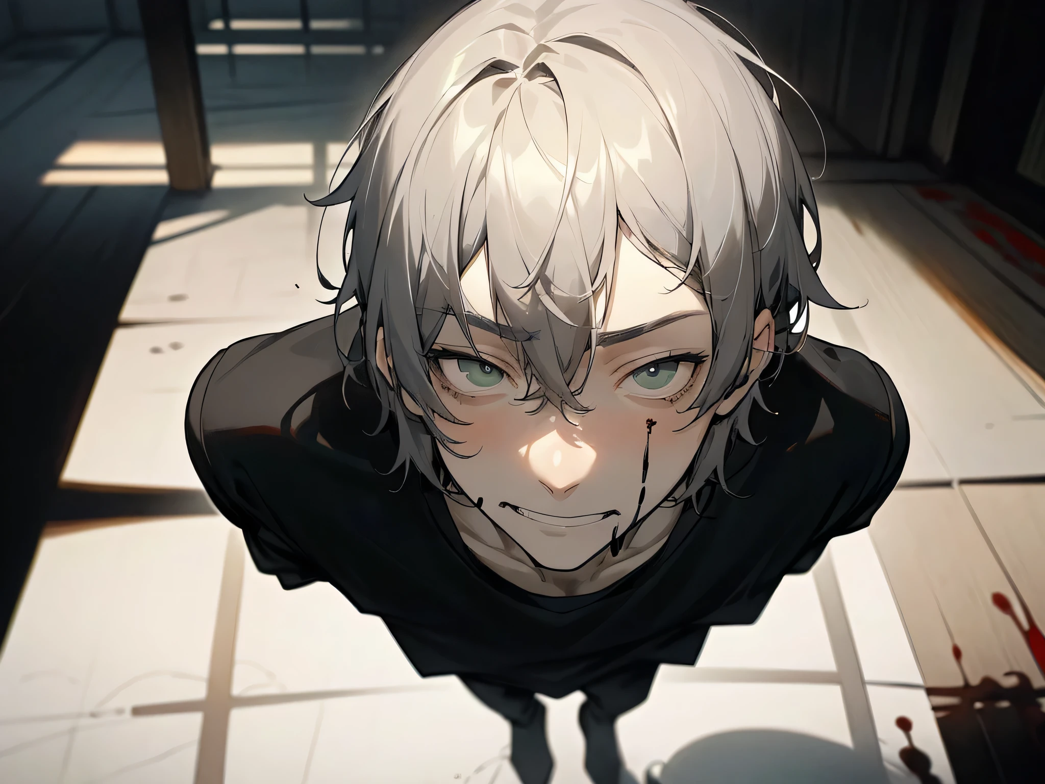 one man:1.3) (suffering from depression+anthropophobia+schizophrenia:1.1), (Isshiki:1.2), shadows everywhere, portrait, short hair, (arrogant:1.4),the color of the face is bad, cloudy view,blood on my face, smile,T-shirt、dear room