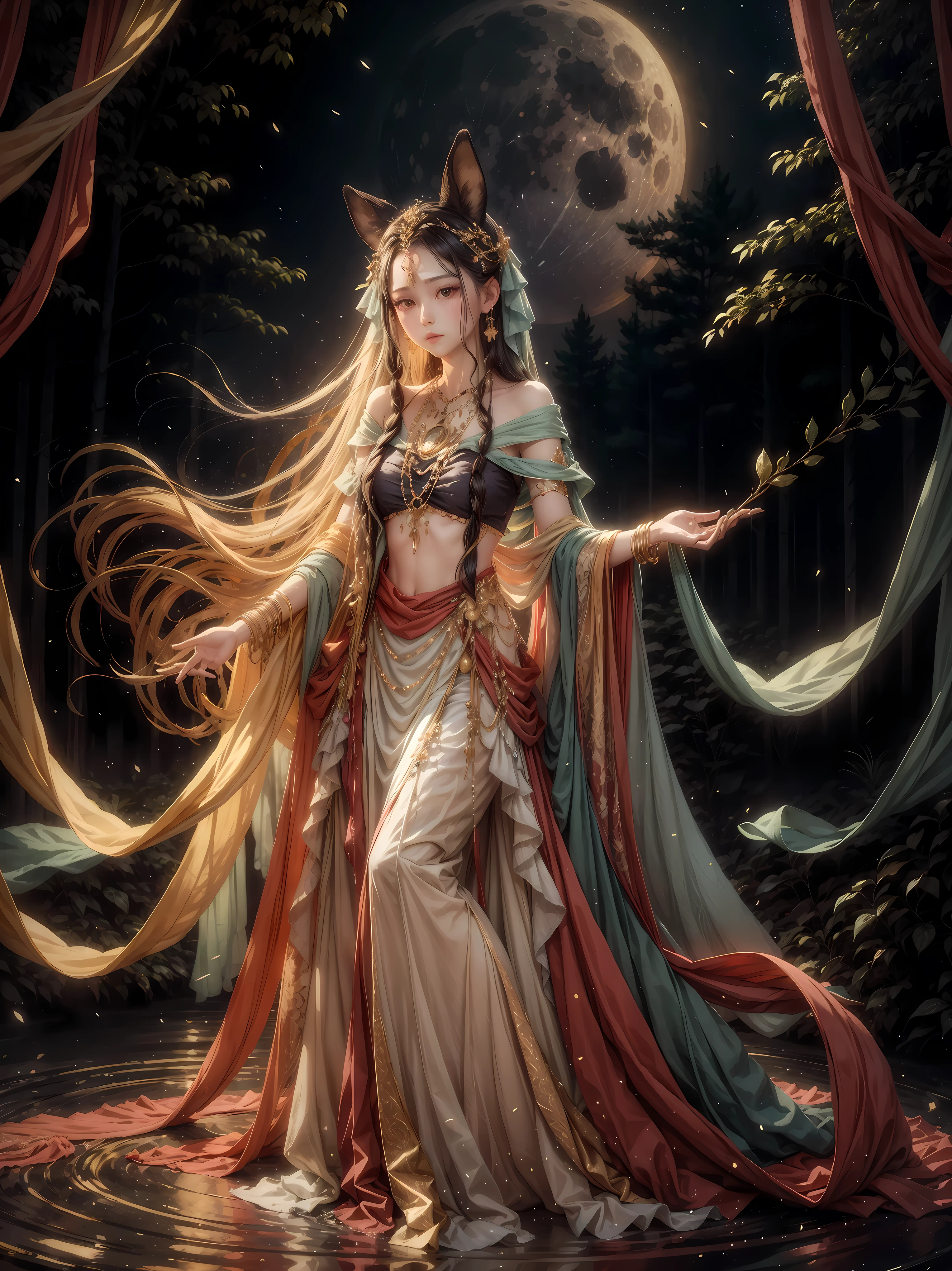 night,full moon,starry sky,forest,Tree tops,please,water,shiny,a girl,Beautiful and moving,long white hair,Beautiful and exquisite clothes and jewelry。