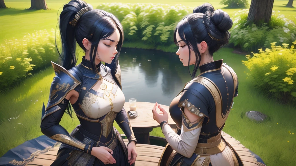 Create an image of a person meditating on a stunning landscape, this art needs to have fantastic lighting. black hair, hair bobbles, wince, longeyelashes, solid circle eyes, pov, atmospheric perspective, 8k, super detail, ccurate, best quality, high quality, retina, UHD, masterpiece, ccurate, anatomically correct, 4K, 16k, 1080P, HD, highres