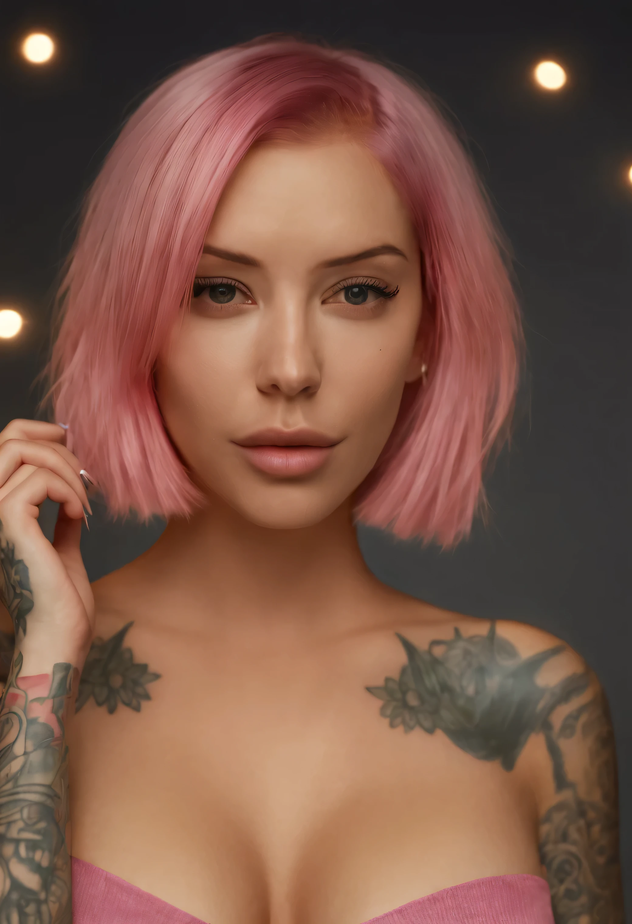 (masterpiece, best quality:1.2), photo-realistic, Laurence Bedard, Instagram fashion model, beautiful, female, partially naked, (full body image,) short pink hair, front facing, , 8K, lights, peaceful, relaxed, (best quality, ultra-detailed, masterpiece, high resolution),(dynamic angle, dynamic lighting),(1girl),(masterpiece, top quality, high quality, 'overcome' tattoo on her stomach, shoulder tattoos, beautiful and aesthetic:1.2), (1girl:1.3), full body tattoos,