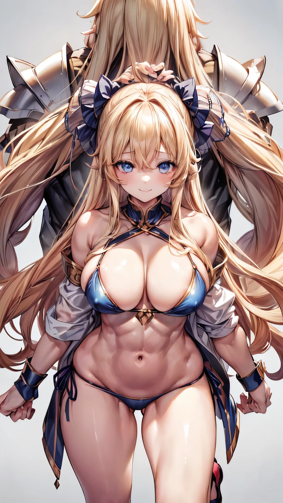 sensual, ((long blonde curly hair)), thick thighs, 8k, 4k, highest quality, High resolution:1.2), cute anime face, noise reduction, ((shining blue eyes, gentle smile, kind eyes))、toned abdominal muscles, muscular arms, muscular legs, young face, anime eyes, (((big breasts、A chest that is about to burst)))、(((Bondage Play)))、(((Rear view:1.9、I'll turn around、emphasize the buttocks、T-back that digs into your butt)))、(((white thong thong)))、(((Grab your breasts with both hands)))、battle armor