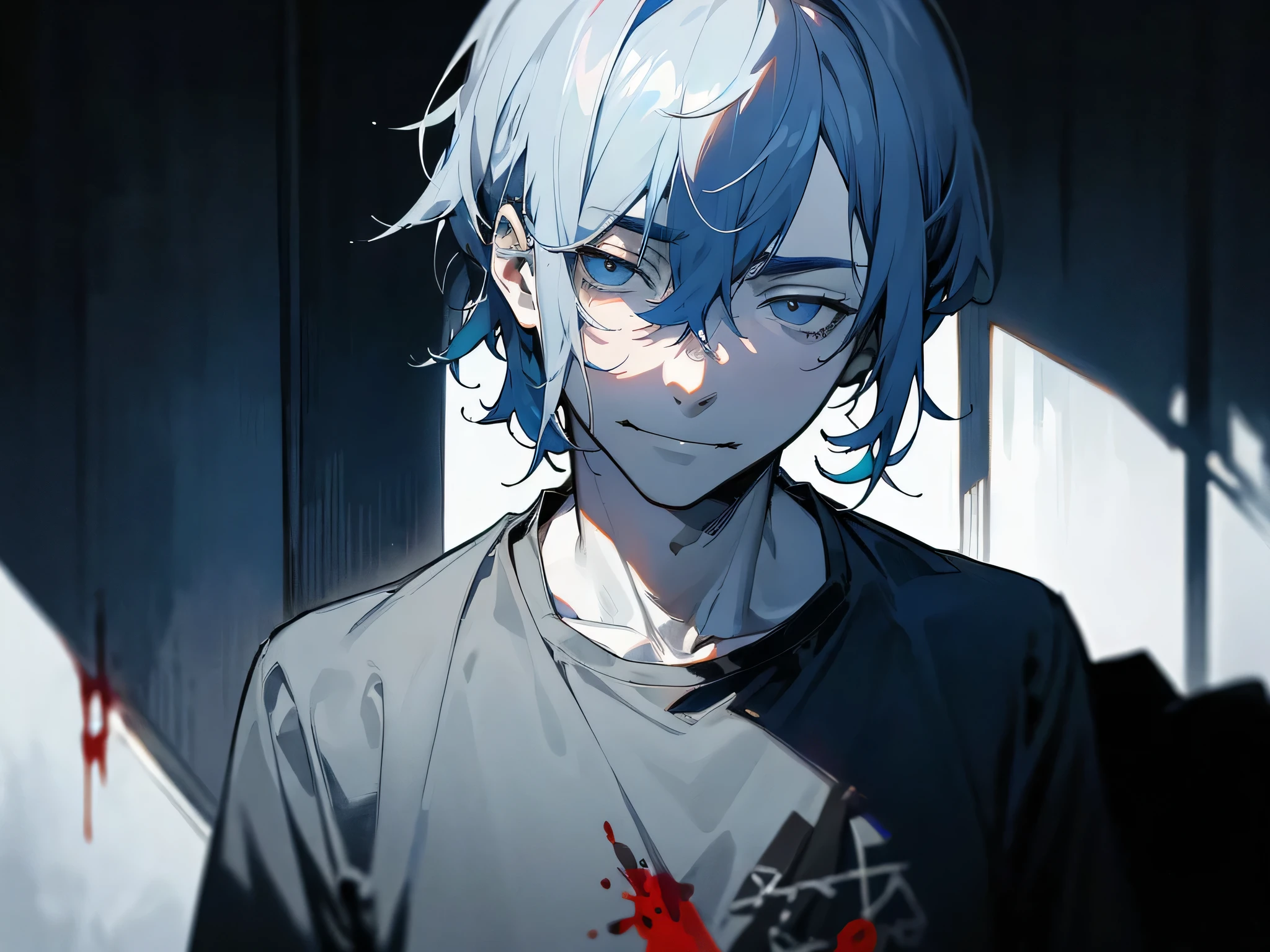 one man:1.3) (suffering from depression+anthropophobia+schizophrenia:1.1), (Isshiki:1.2), shadows everywhere, portrait, short hair, (arrogant:1.4),the color of the face is bad,blue and white atmosphere, cloudy view,blood on my face, smile,T-shirt、dear room