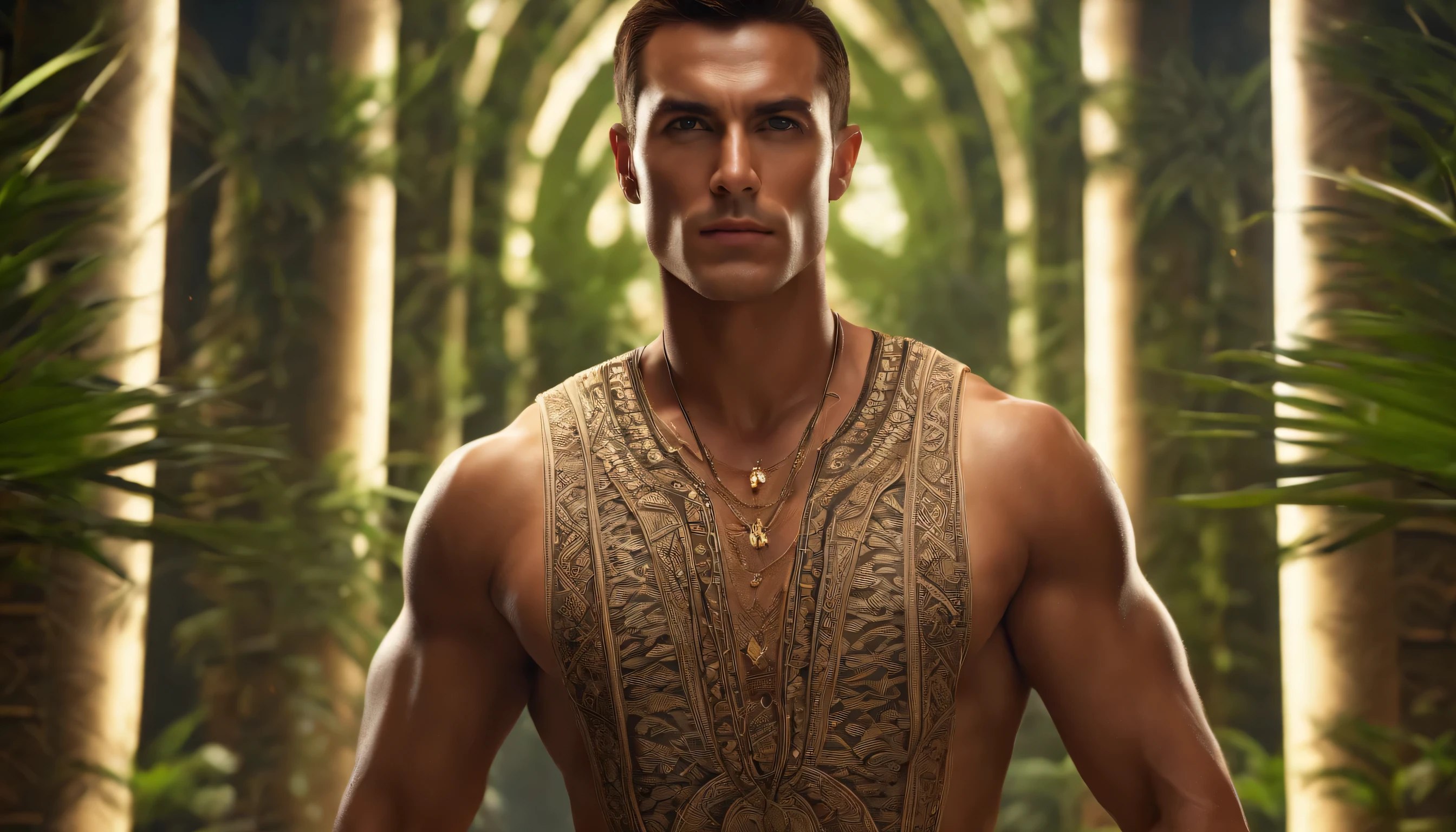 Realistic Handsome muscular guy with hazel eyes, dark brown hair, looking like van damme, inside a temple with intricate mandala patterns and bamboo tropical plants, 8k, UHD, octane, flames, very lean, facing forward, 100% centered, ultra sharp,