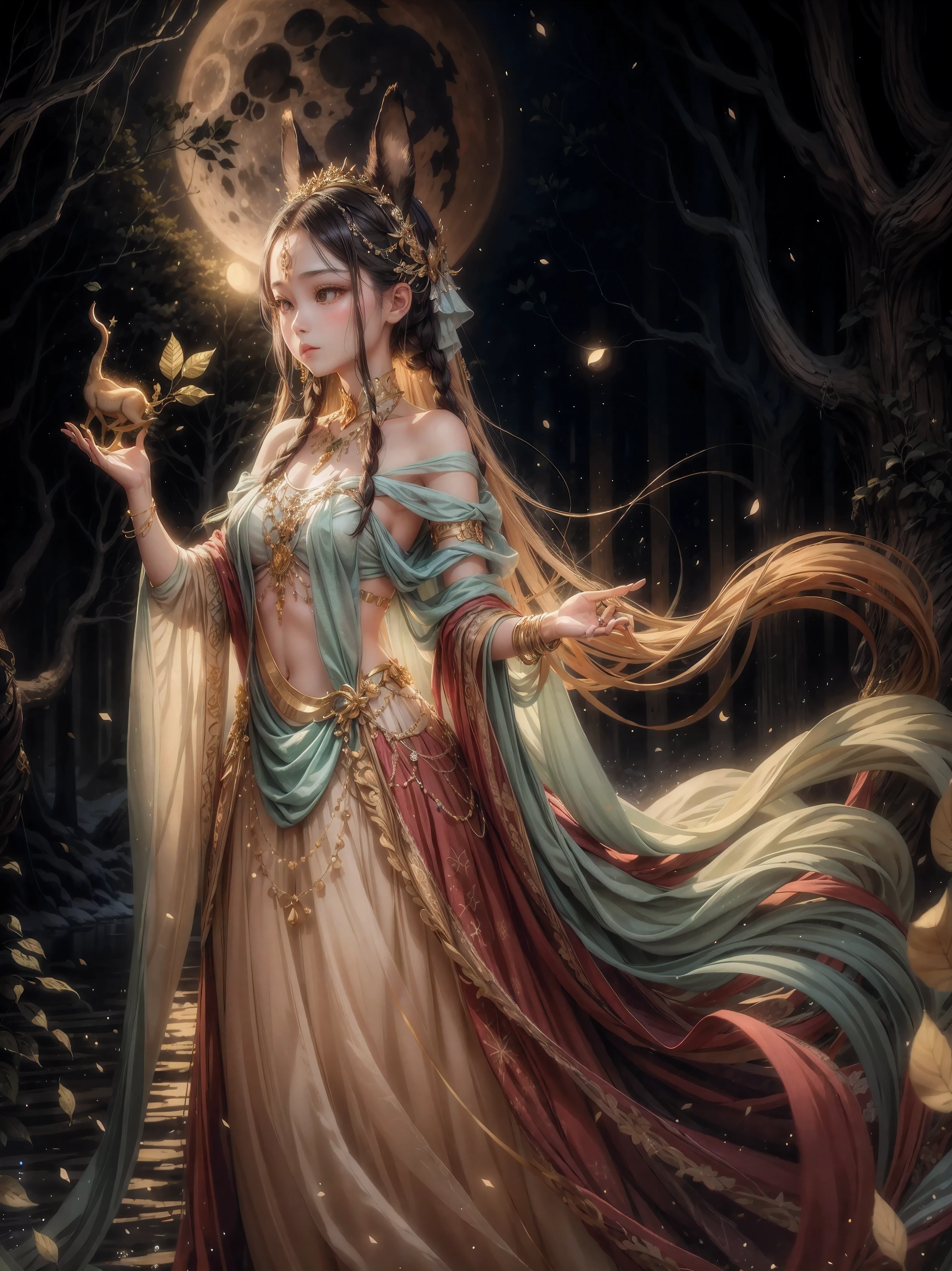 night,full moon,starry sky,forest,Tree tops,please,water,shiny,a girl,Beautiful and moving,long white hair,Beautiful and exquisite clothes and jewelry。