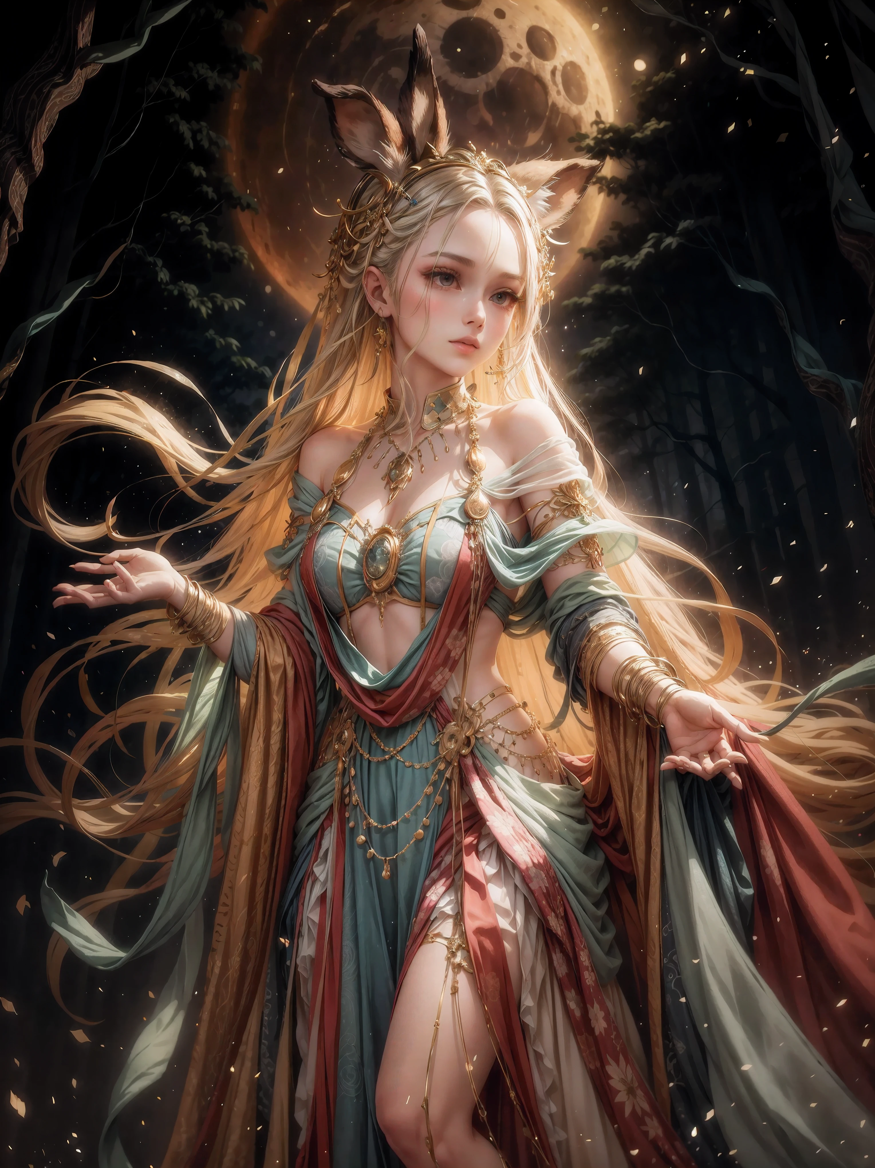 night,full moon,starry sky,forest,Tree tops,please,water,shiny,a girl,Beautiful and moving,long white hair,Beautiful and exquisite clothes and jewelry。