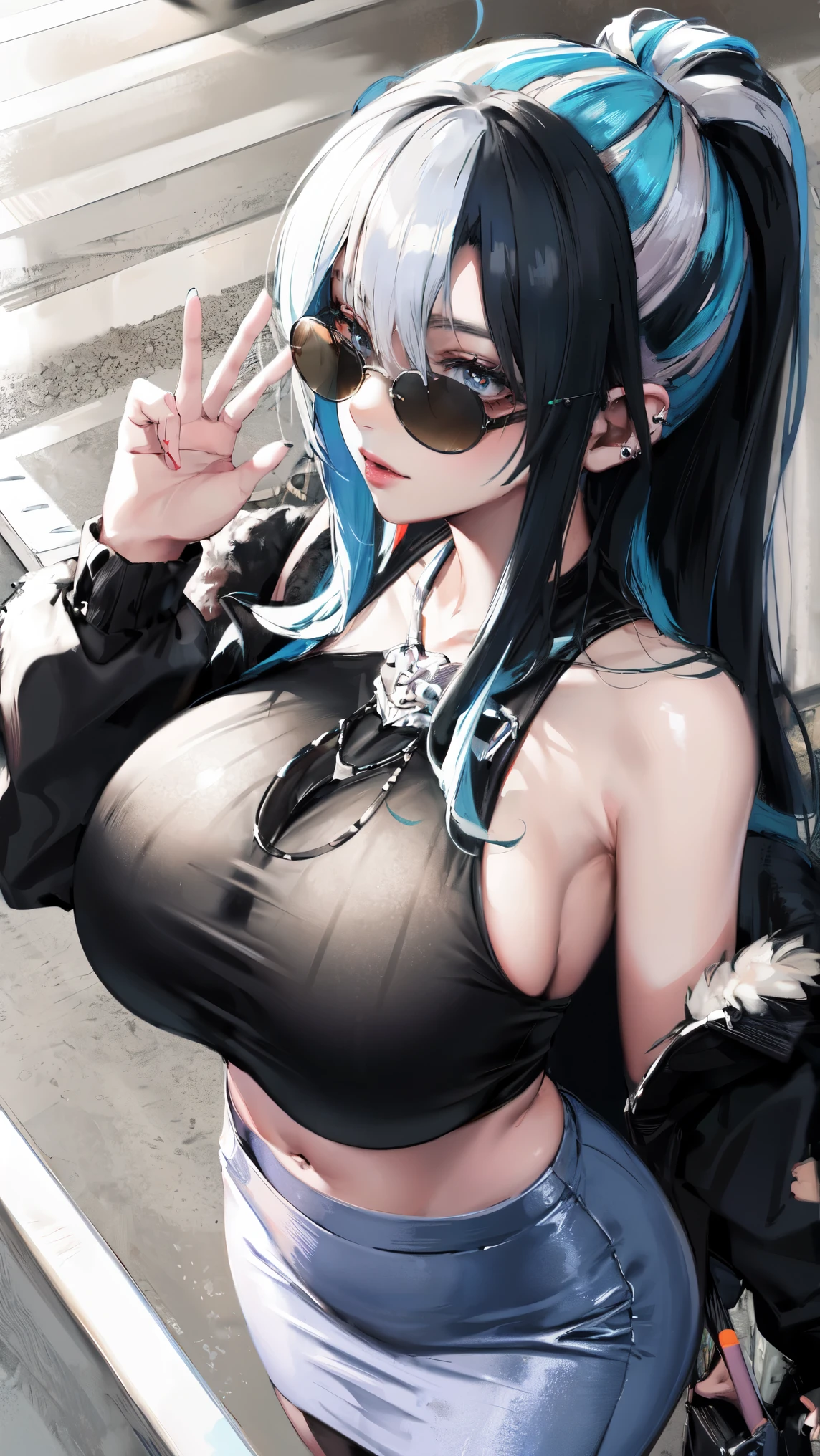 sagging breasts,mature female,huge breasts, gigantic breasts,solo,gyaru,((nagatiti)),eyeshadow,lip,Shiny eyelashes,blue hair,black hair, ((two tone hair)),piercing, detailed decorations, ω,half eye,embroidered, Plaid pattern, pencil long skirt, fur Jacket, tank top, sunglasses, ribbons, off-shoulder, ((bare foreheads)), long hair, curly hair,from diagonal, From side,dynamic angle, pov,((From above)) ,(hand focus),sunglasses,(((Pastel colors))), wide-angle,dates, walking around town, bags,