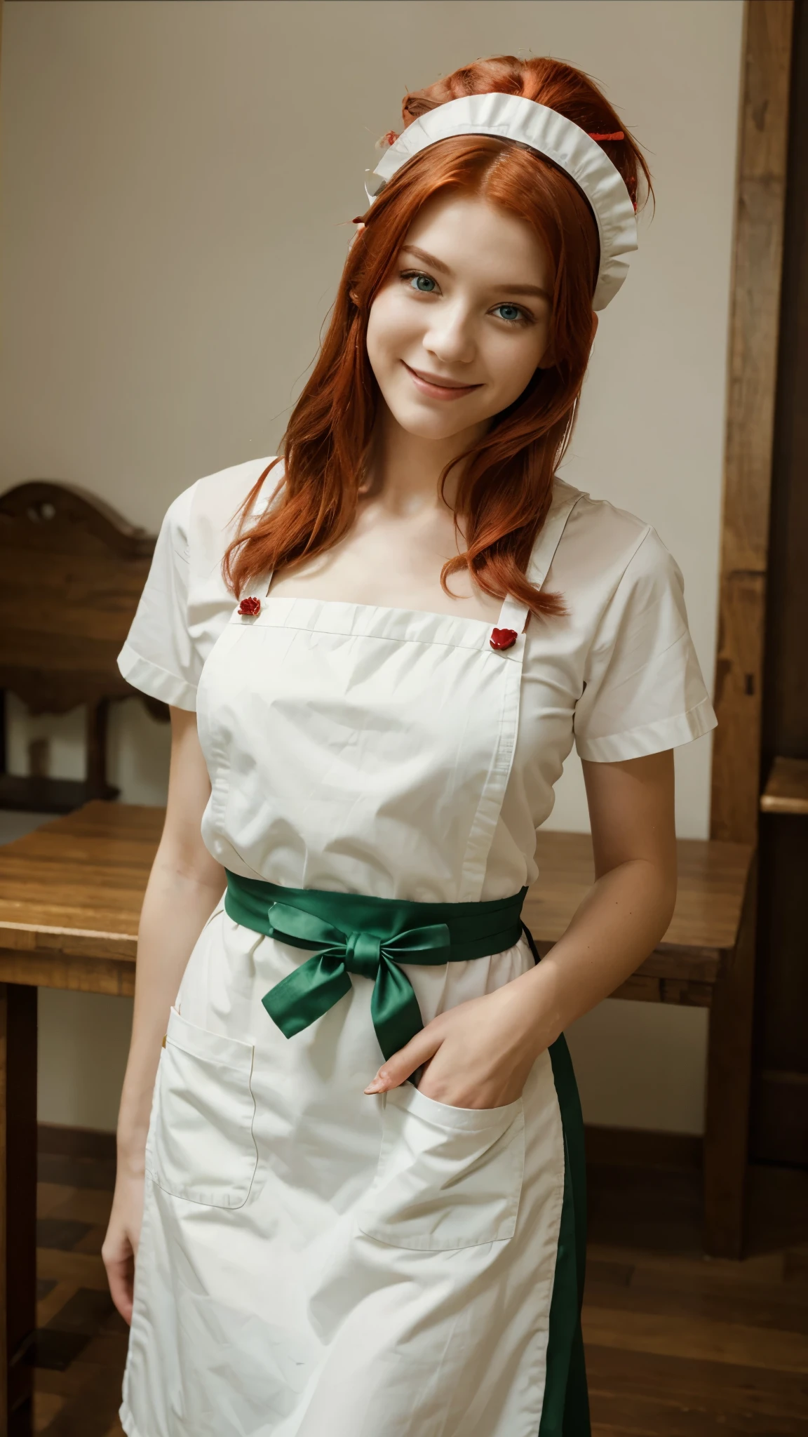 best quality, masterpiece, solo, 1boy, smile,red hair, maid, maid apron, maid headdress, green eyes,