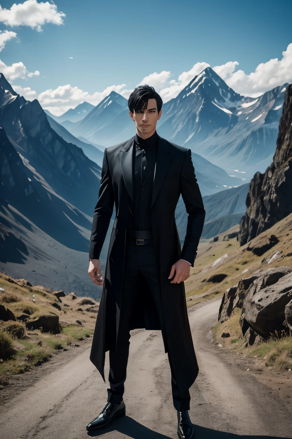 tall man in black costume with black short hair and blue eyes standing near the mountains