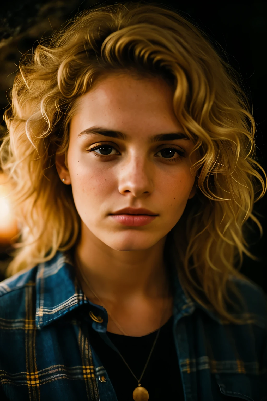 photograph of a woman, (troubled facial expression), textured skin, goosebumps, blonde afro hair, plaid flannel shirt with distressed boyfriend jeans, cowboy shot, dark and mysterious cave with unique rock formations and hidden wonders, perfect eyes, (candlelight,chiaroscuro), Porta 160 color, shot on ARRI ALEXA 65, bokeh, sharp focus on subject, shot by Don McCullin