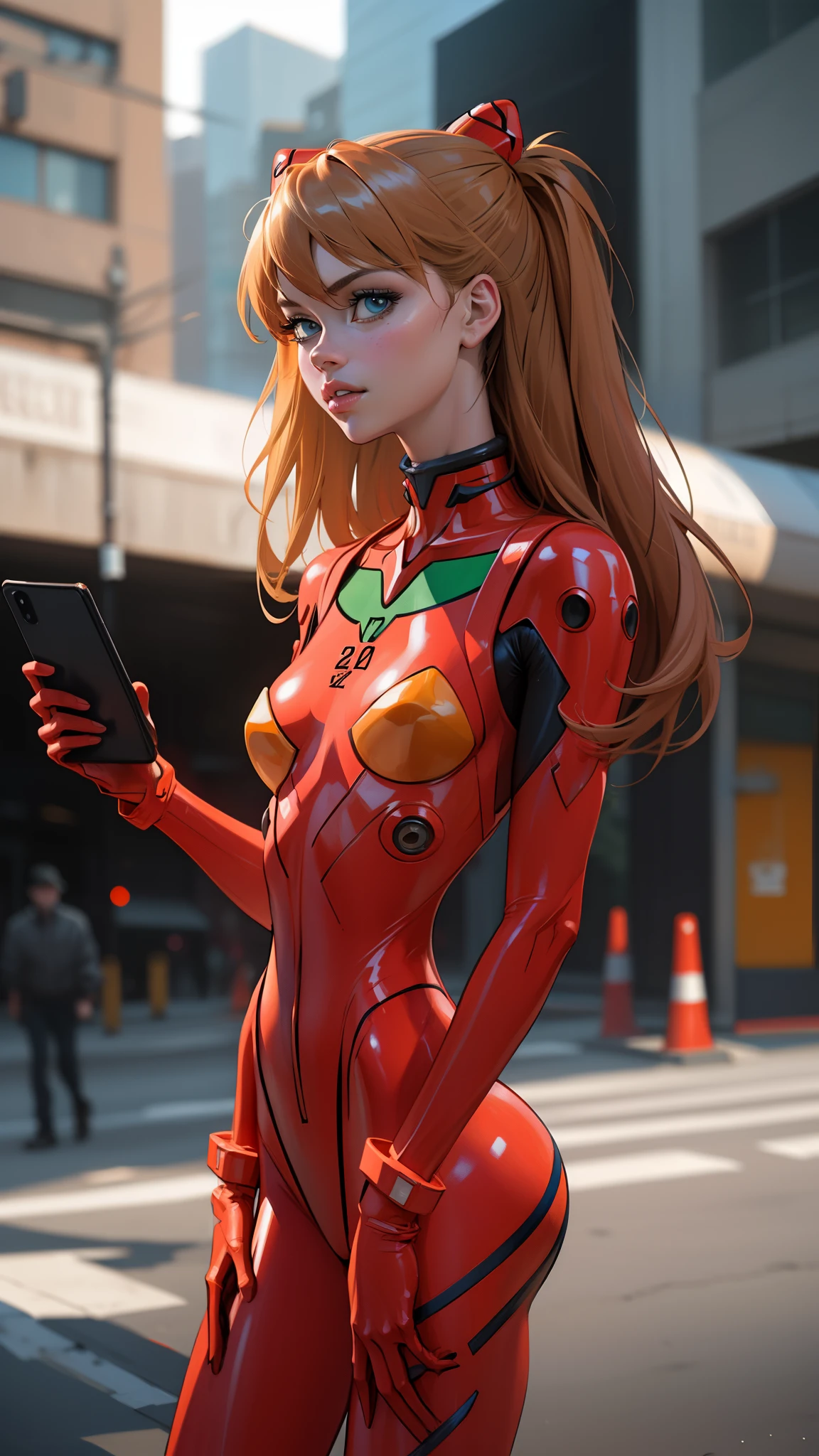 Asuka langley evangelion, a stunning woman, confidently using her phone on a vibrant city street in trendy attire, realistic, super detail, ((masterpiece)), (cinematic lighting), ((dark lighting))